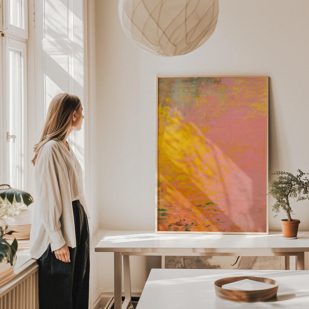 Abstract Art Print Vertical Canvas Wall Art in Pink and Orange Sunset Tones for Bedroom Decor Soft Warm Minimalist Style – Aurora 489