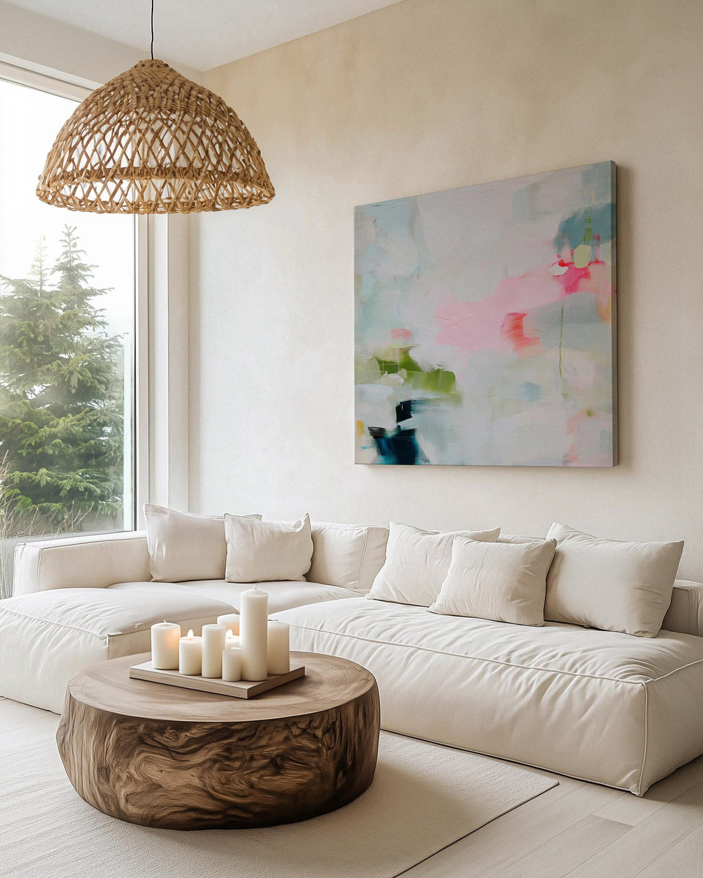 Framed abstract canvas wall art in blush pink, blue, green, and soft neutral tones. Square modern painting with expressive brushstrokes and light color palette. Ideal for bedrooms, home offices, or styled spaces seeking a feminine and fresh decor piece. Presented in a natural wood frame, this soft contemporary artwork adds gentle movement and colorful balance to curated interiors. A Muse Studio original designed for designer-led spaces.