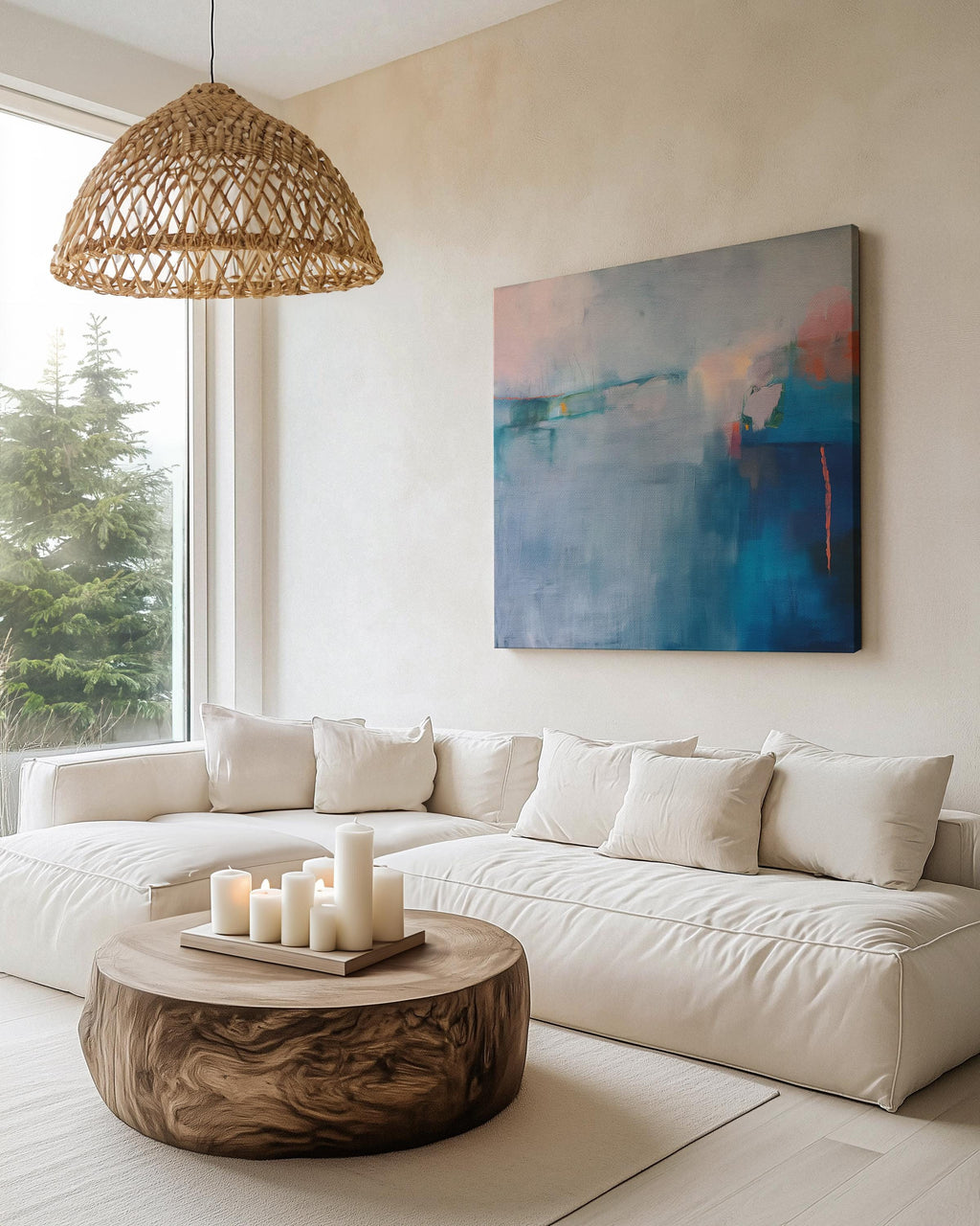 Square framed canvas wall art featuring a moody abstract landscape in rich blue, indigo, blush, and coral tones. This modern piece adds emotional depth and painterly texture to any room. Ideal for coastal interiors, minimalist spaces, or moody decor palettes. Framed in natural wood and displayed on a clean white wall, perfect for offices, living rooms, or curated art walls. Muse Studio original design for refined home styling.