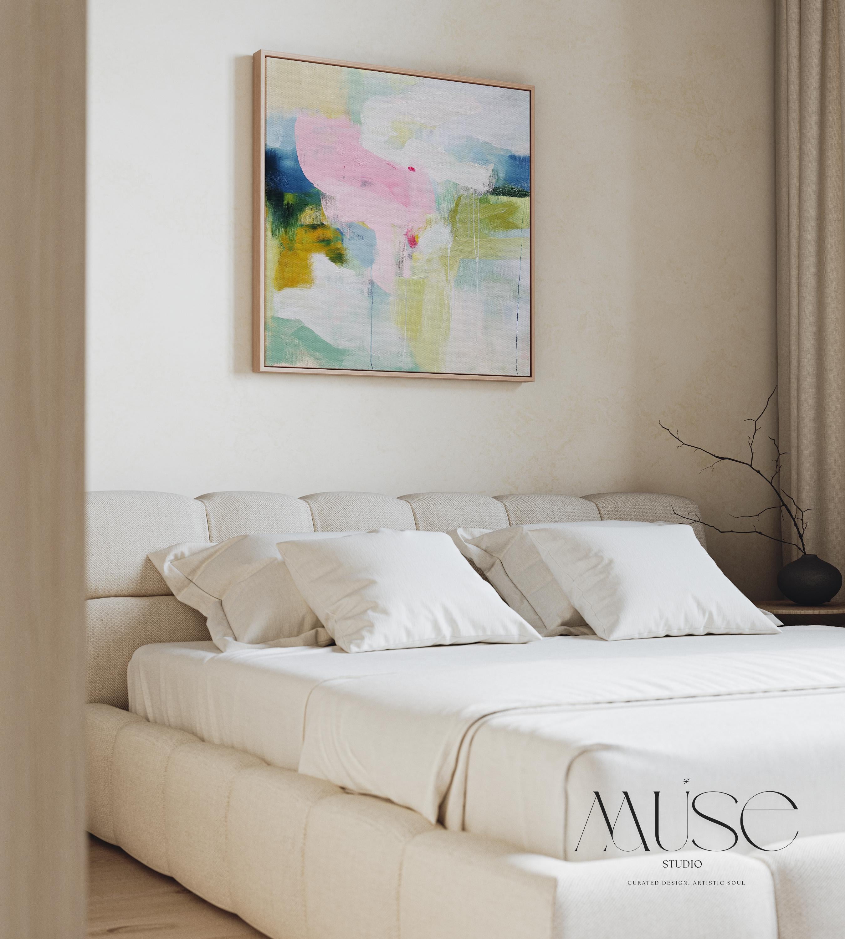 Muse Studio Aurora Muse 485 soft blue and blush abstract wall art printed with museum-grade giclée inks on premium gallery-wrapped artist canvas, featuring airy layered brushwork in powder blue, muted blush, and warm undertones. Large-scale modern soft contemporary artwork styled above a linen sofa in an organic transitional living room with light oak finishes, warm white walls, and brushed brass accents, creating a calm refined focal point for elevated interiors.