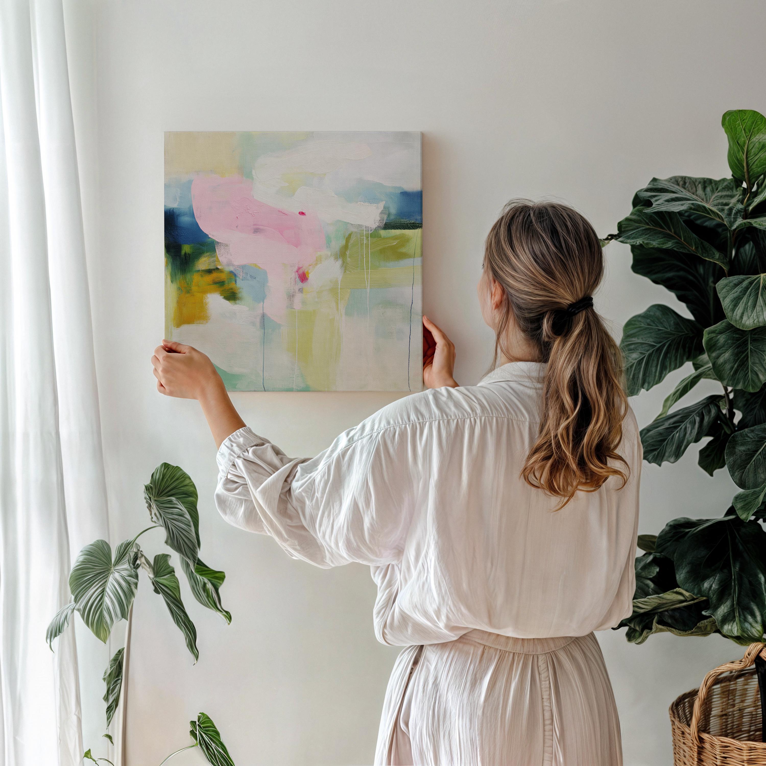 Muse Studio Aurora Muse 485 soft blue and blush abstract wall art printed with museum-grade giclée inks on premium gallery-wrapped artist canvas, featuring airy layered brushwork in powder blue, muted blush, and warm undertones. Large-scale modern soft contemporary artwork styled above a linen sofa in an organic transitional living room with light oak finishes, warm white walls, and brushed brass accents, creating a calm refined focal point for elevated interiors.