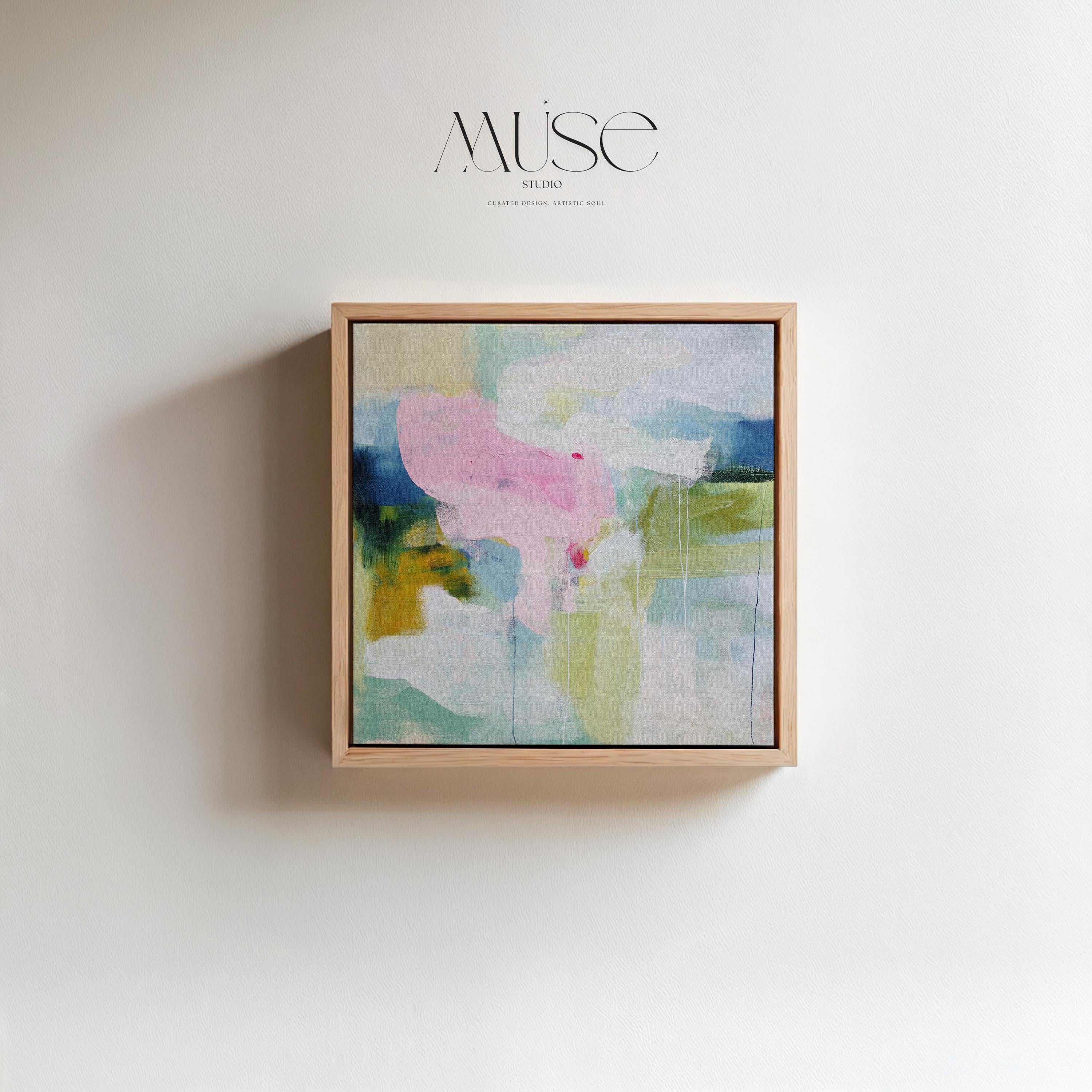 Muse Studio Aurora Muse 485 soft blue and blush abstract wall art printed with museum-grade giclée inks on premium gallery-wrapped artist canvas, featuring airy layered brushwork in powder blue, muted blush, and warm undertones. Large-scale modern soft contemporary artwork styled above a linen sofa in an organic transitional living room with light oak finishes, warm white walls, and brushed brass accents, creating a calm refined focal point for elevated interiors.