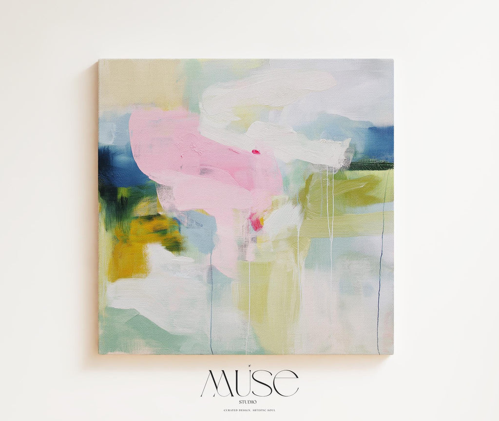 Muse Studio Aurora Muse 485 soft blue and blush abstract wall art printed with museum-grade giclée inks on premium gallery-wrapped artist canvas, featuring airy layered brushwork in powder blue, muted blush, and warm undertones. Large-scale modern soft contemporary artwork styled above a linen sofa in an organic transitional living room with light oak finishes, warm white walls, and brushed brass accents, creating a calm refined focal point for elevated interiors.