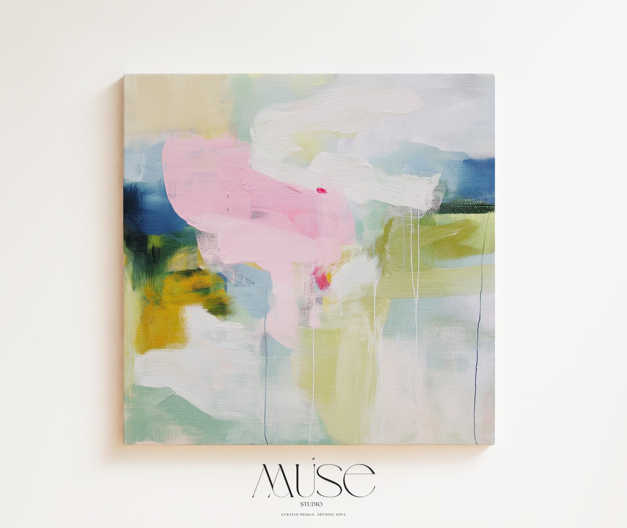 Muse Studio Aurora Muse 485 soft blue and blush abstract wall art printed with museum-grade giclée inks on premium gallery-wrapped artist canvas, featuring airy layered brushwork in powder blue, muted blush, and warm undertones. Large-scale modern soft contemporary artwork styled above a linen sofa in an organic transitional living room with light oak finishes, warm white walls, and brushed brass accents, creating a calm refined focal point for elevated interiors.