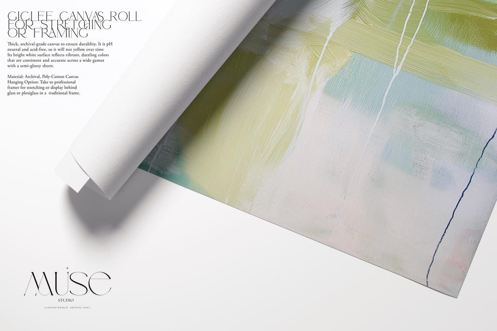 Muse Studio Aurora Muse 485 soft blue and blush abstract wall art printed with museum-grade giclée inks on premium gallery-wrapped artist canvas, featuring airy layered brushwork in powder blue, muted blush, and warm undertones. Large-scale modern soft contemporary artwork styled above a linen sofa in an organic transitional living room with light oak finishes, warm white walls, and brushed brass accents, creating a calm refined focal point for elevated interiors.