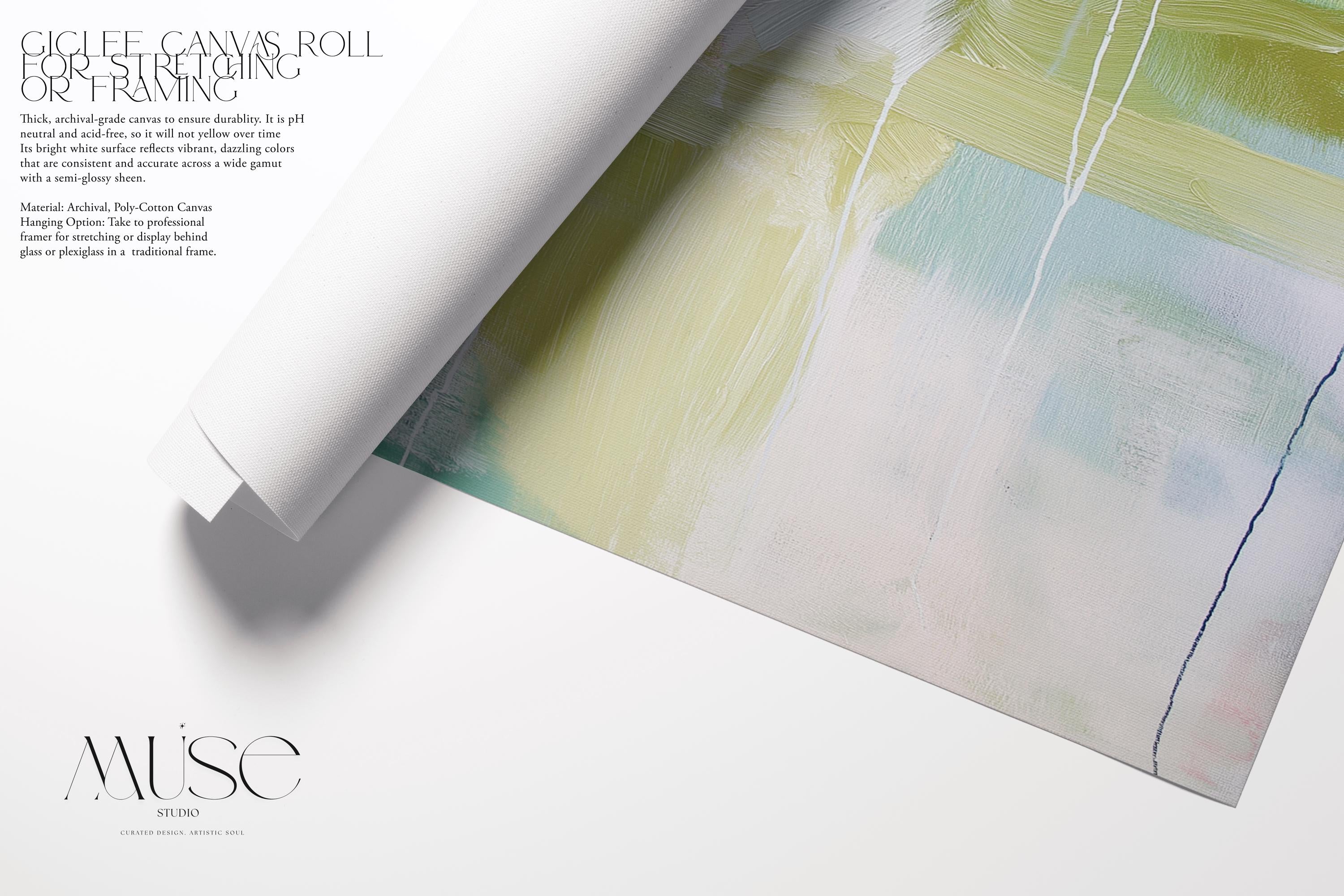 Muse Studio Aurora Muse 485 soft blue and blush abstract wall art printed with museum-grade giclée inks on premium gallery-wrapped artist canvas, featuring airy layered brushwork in powder blue, muted blush, and warm undertones. Large-scale modern soft contemporary artwork styled above a linen sofa in an organic transitional living room with light oak finishes, warm white walls, and brushed brass accents, creating a calm refined focal point for elevated interiors.