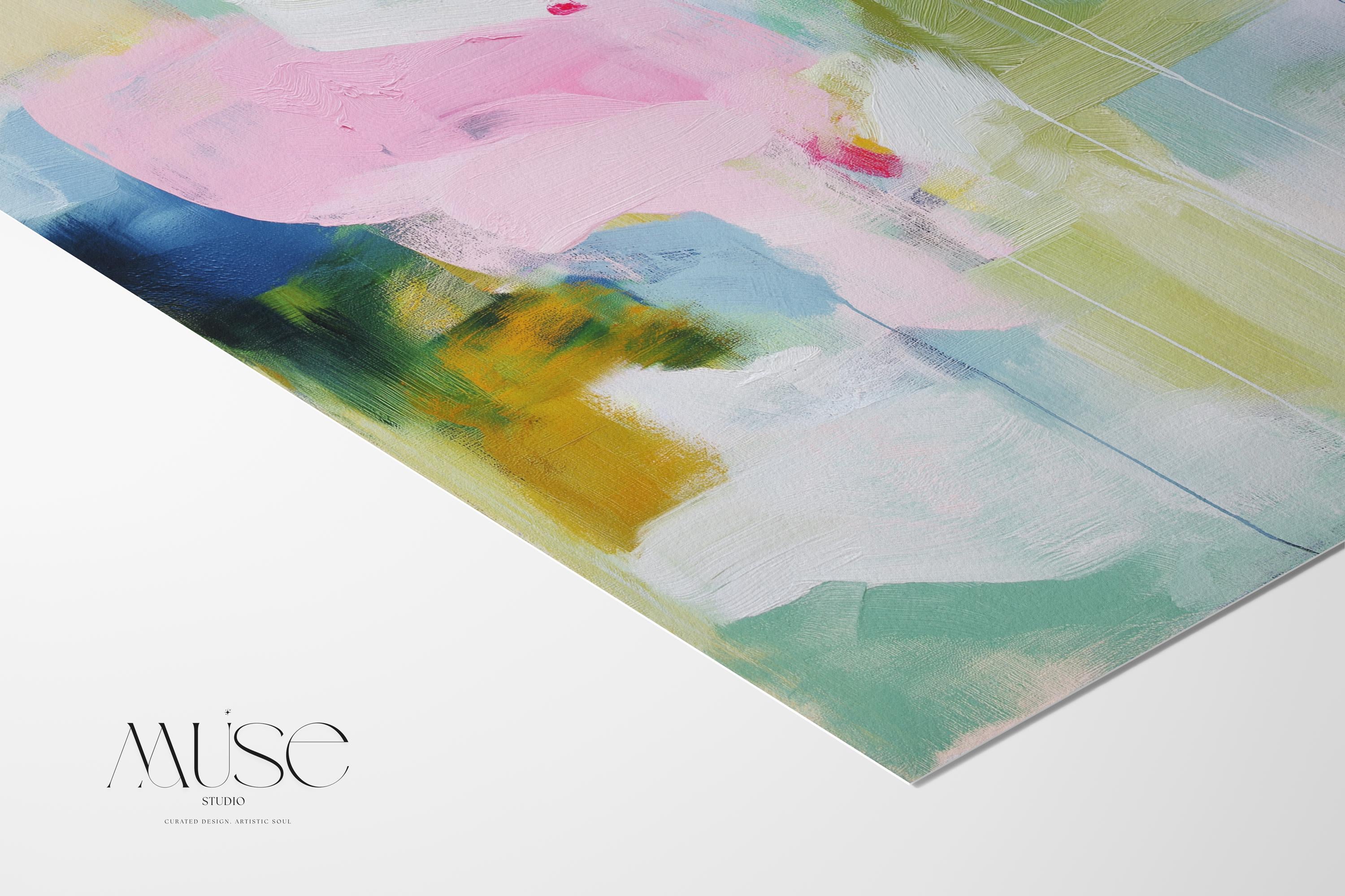 Muse Studio Aurora Muse 485 soft blue and blush abstract wall art printed with museum-grade giclée inks on premium gallery-wrapped artist canvas, featuring airy layered brushwork in powder blue, muted blush, and warm undertones. Large-scale modern soft contemporary artwork styled above a linen sofa in an organic transitional living room with light oak finishes, warm white walls, and brushed brass accents, creating a calm refined focal point for elevated interiors.