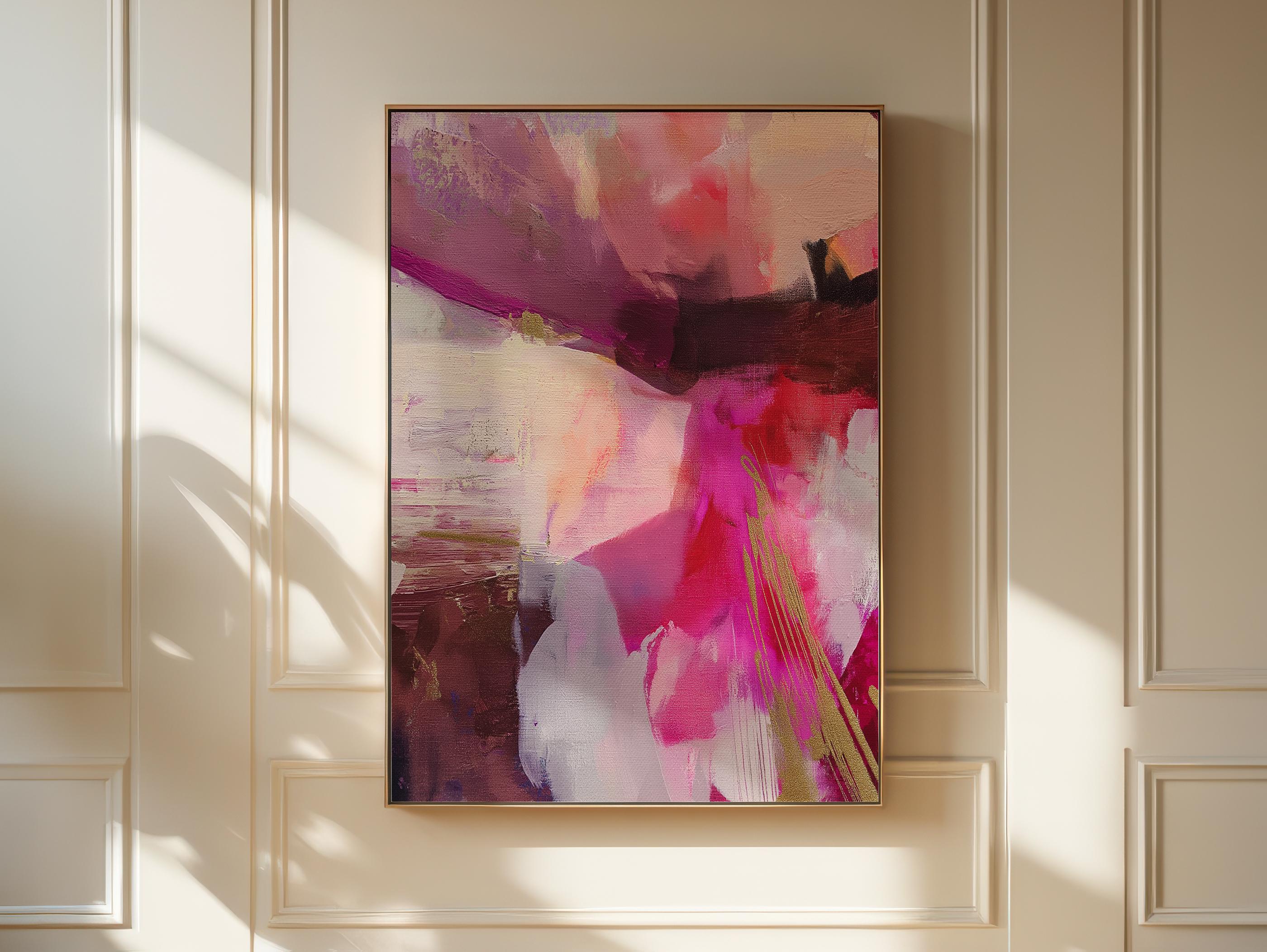 Vertical framed canvas wall art featuring bold pinks, reds, blush, and golden yellow accents. This abstract expressionist piece includes energetic brushwork and layered movement, creating a vibrant and confident atmosphere. Perfect for modern bedrooms, luxury walk-in closets, entryways, or bold gallery walls. Aurora 486 by Muse Studio blends color pop decor with designer-level impact in a curated format.