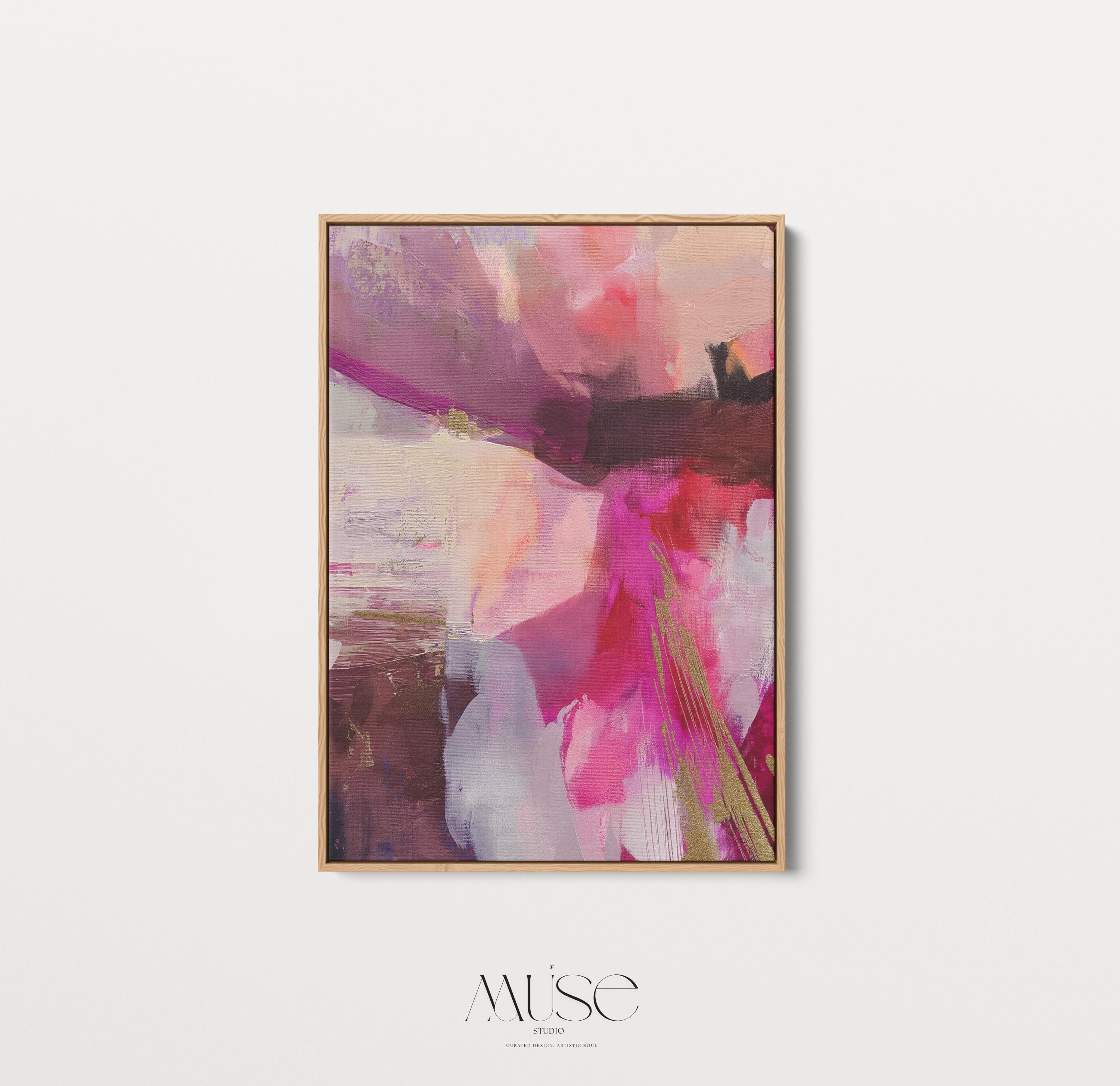 Vertical framed canvas wall art featuring bold pinks, reds, blush, and golden yellow accents. This abstract expressionist piece includes energetic brushwork and layered movement, creating a vibrant and confident atmosphere. Perfect for modern bedrooms, luxury walk-in closets, entryways, or bold gallery walls. Aurora 486 by Muse Studio blends color pop decor with designer-level impact in a curated format.
