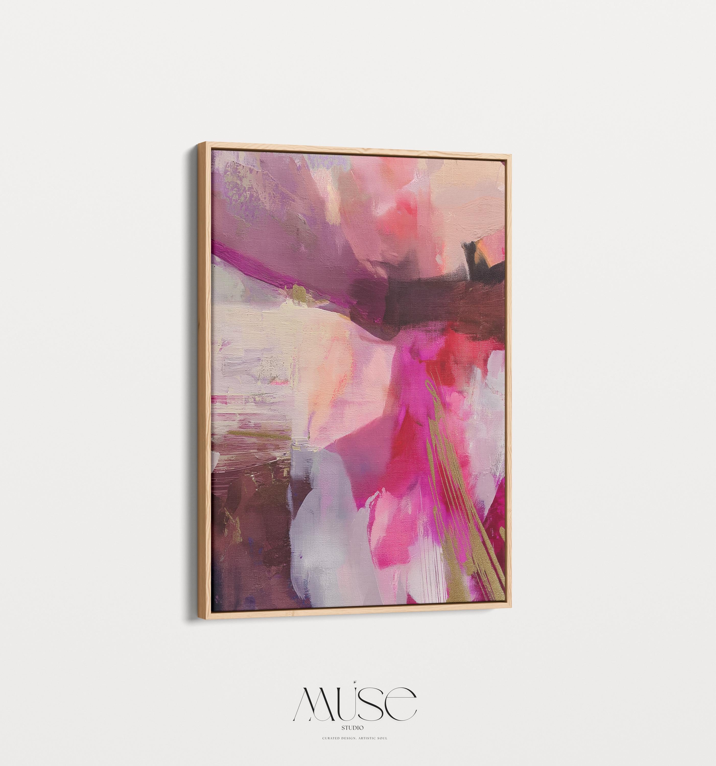 Vertical framed canvas wall art featuring bold pinks, reds, blush, and golden yellow accents. This abstract expressionist piece includes energetic brushwork and layered movement, creating a vibrant and confident atmosphere. Perfect for modern bedrooms, luxury walk-in closets, entryways, or bold gallery walls. Aurora 486 by Muse Studio blends color pop decor with designer-level impact in a curated format.