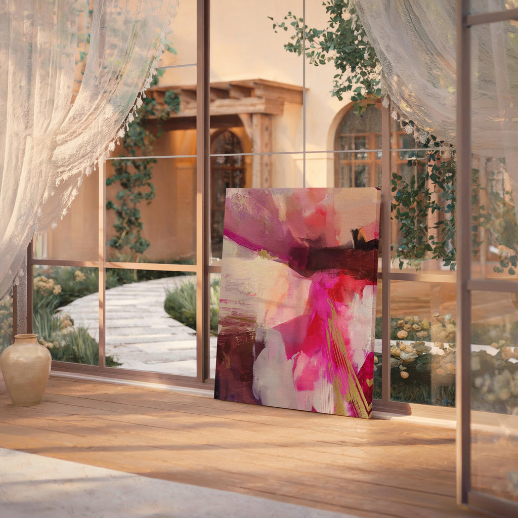 Vertical abstract canvas wall art featuring expressive layers of pink, fuchsia, blush, and deep plum with golden yellow accents. Aurora 486 by Muse Studio adds bold energy and color pop to modern interiors. Displayed in upscale room settings, it’s ideal for living rooms, bedrooms, or entryways as a statement art piece. Offered as large-scale canvas or framed artwork, this colorful design is perfect for curated home decor and contemporary art lovers.