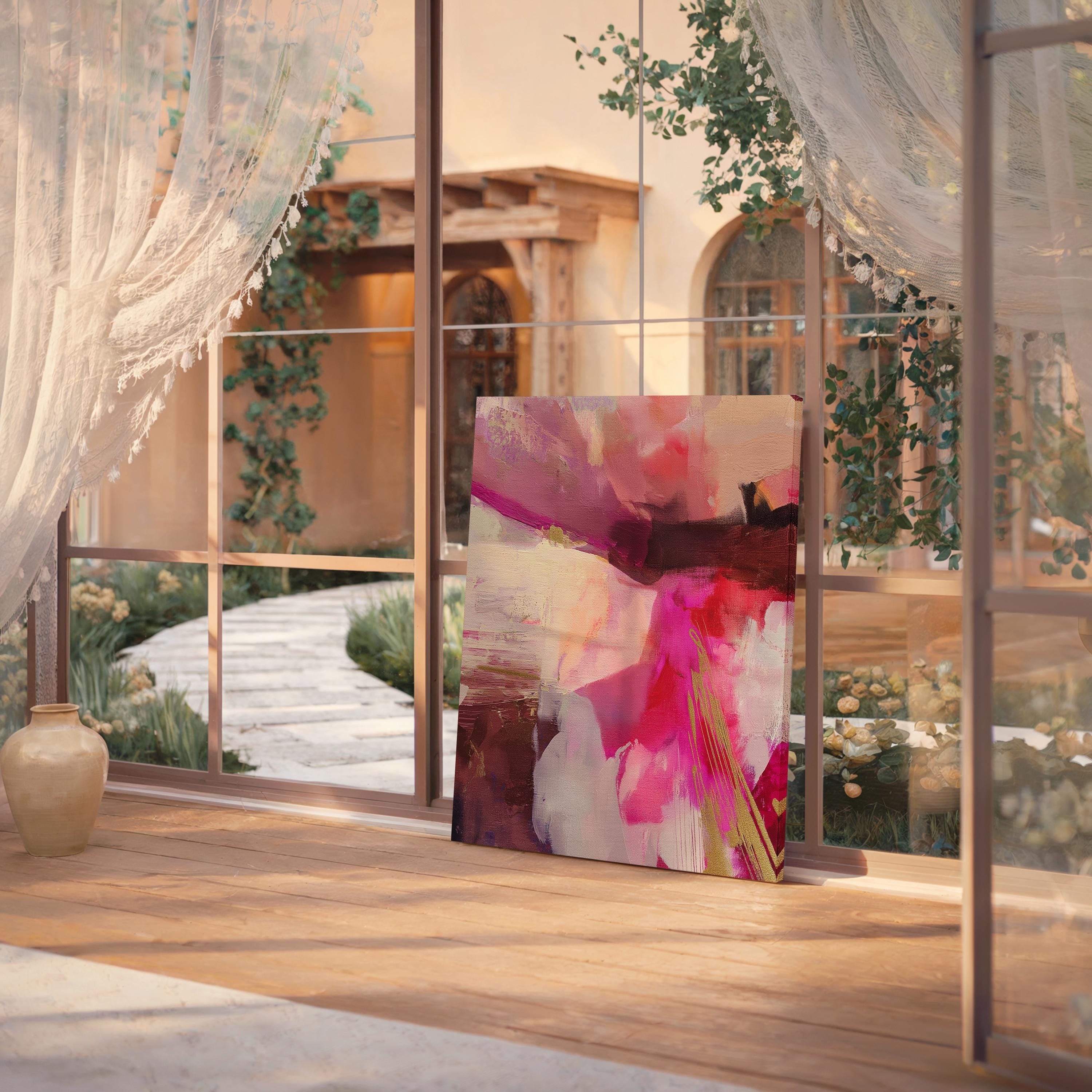 Vertical abstract canvas wall art featuring expressive layers of pink, fuchsia, blush, and deep plum with golden yellow accents. Aurora 486 by Muse Studio adds bold energy and color pop to modern interiors. Displayed in upscale room settings, it’s ideal for living rooms, bedrooms, or entryways as a statement art piece. Offered as large-scale canvas or framed artwork, this colorful design is perfect for curated home decor and contemporary art lovers.