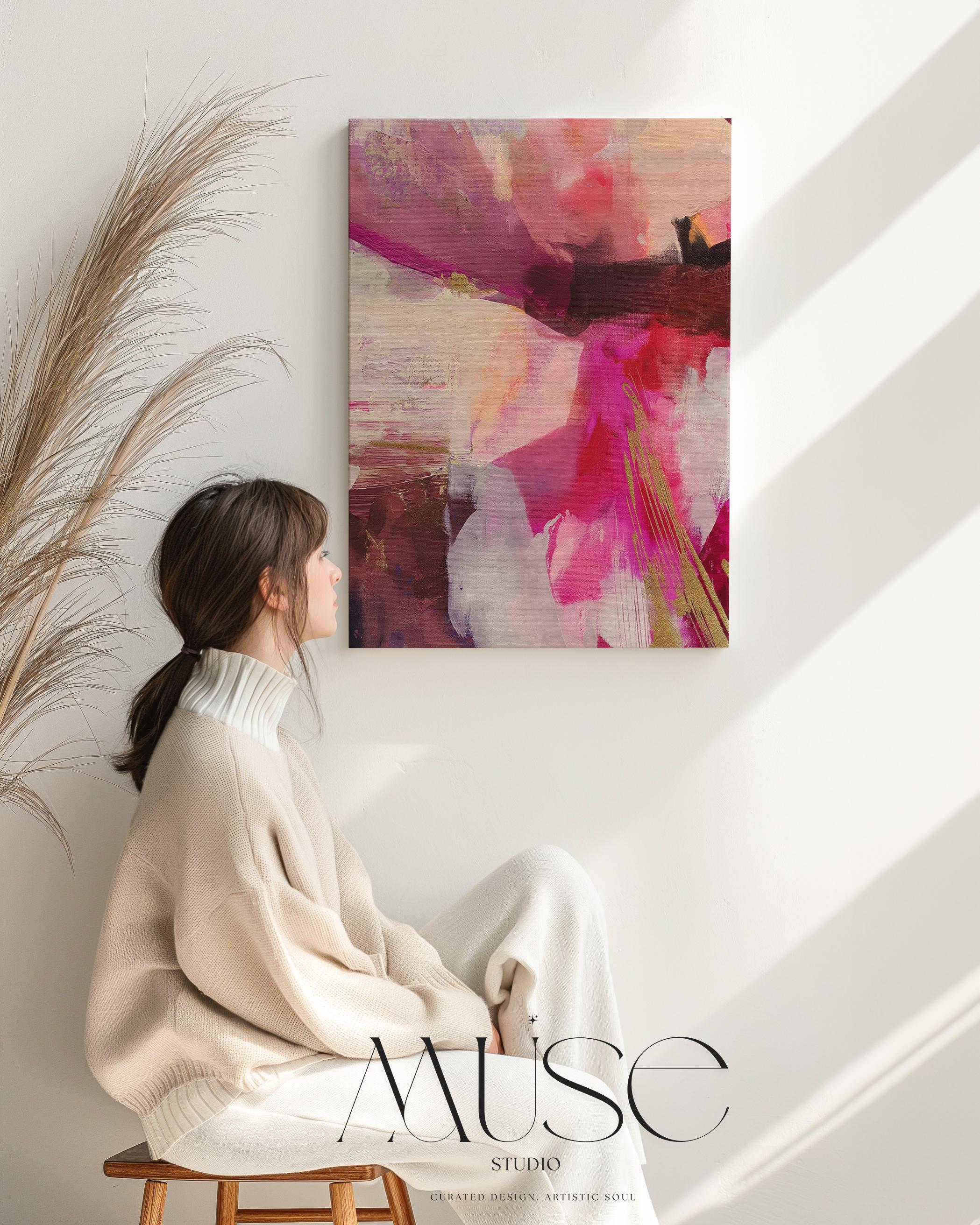 Vertical abstract canvas wall art featuring expressive layers of pink, fuchsia, blush, and deep plum with golden yellow accents. Aurora 486 by Muse Studio adds bold energy and color pop to modern interiors. Displayed in upscale room settings, it’s ideal for living rooms, bedrooms, or entryways as a statement art piece. Offered as large-scale canvas or framed artwork, this colorful design is perfect for curated home decor and contemporary art lovers.