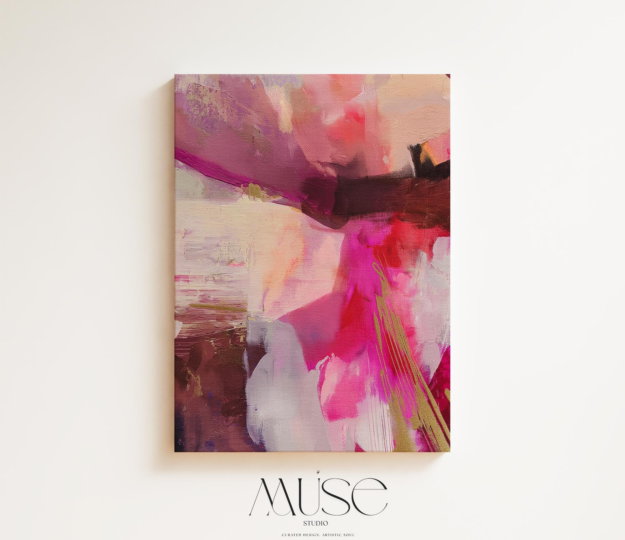 Vertical abstract canvas wall art featuring expressive layers of pink, fuchsia, blush, and deep plum with golden yellow accents. Aurora 486 by Muse Studio adds bold energy and color pop to modern interiors. Displayed in upscale room settings, it’s ideal for living rooms, bedrooms, or entryways as a statement art piece. Offered as large-scale canvas or framed artwork, this colorful design is perfect for curated home decor and contemporary art lovers.