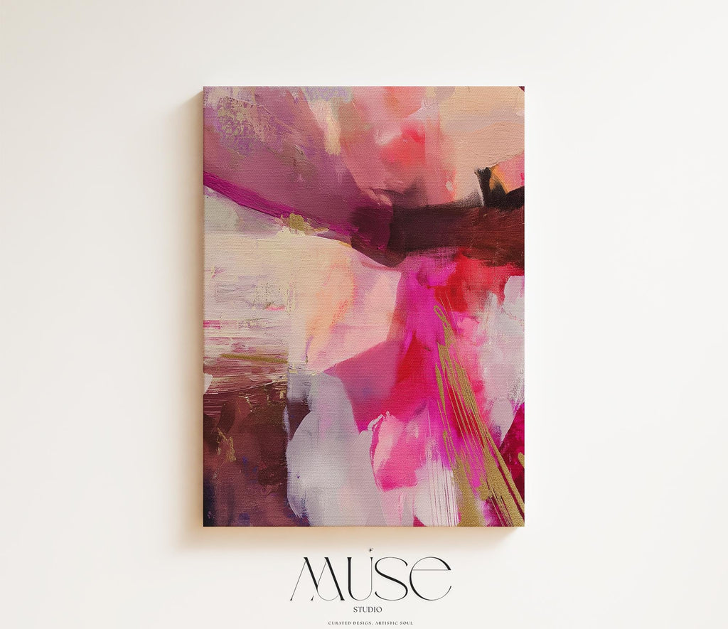 Vertical abstract canvas wall art featuring expressive layers of pink, fuchsia, blush, and deep plum with golden yellow accents. Aurora 486 by Muse Studio adds bold energy and color pop to modern interiors. Displayed in upscale room settings, it’s ideal for living rooms, bedrooms, or entryways as a statement art piece. Offered as large-scale canvas or framed artwork, this colorful design is perfect for curated home decor and contemporary art lovers.