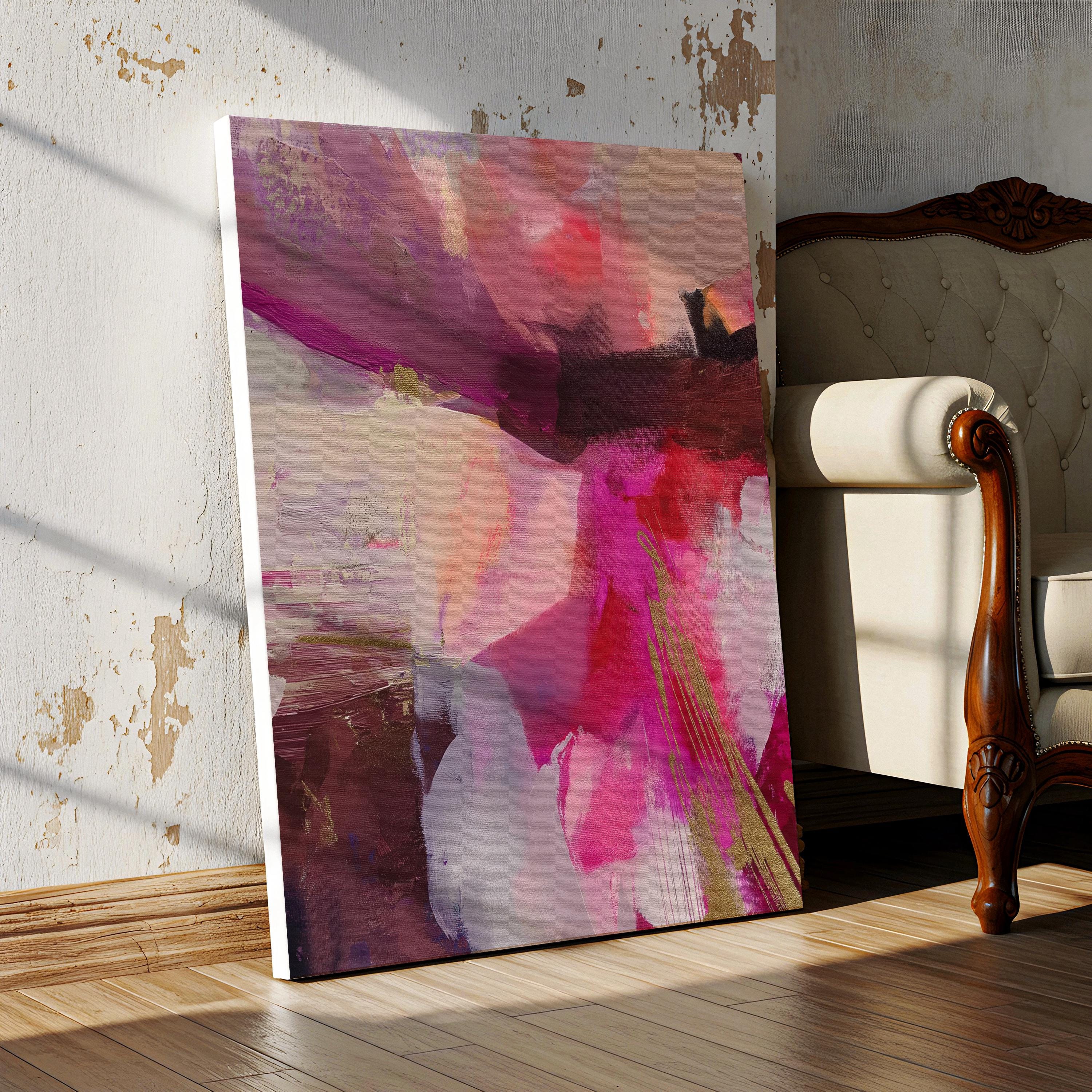 Vertical abstract canvas wall art featuring expressive layers of pink, fuchsia, blush, and deep plum with golden yellow accents. Aurora 486 by Muse Studio adds bold energy and color pop to modern interiors. Displayed in upscale room settings, it’s ideal for living rooms, bedrooms, or entryways as a statement art piece. Offered as large-scale canvas or framed artwork, this colorful design is perfect for curated home decor and contemporary art lovers.