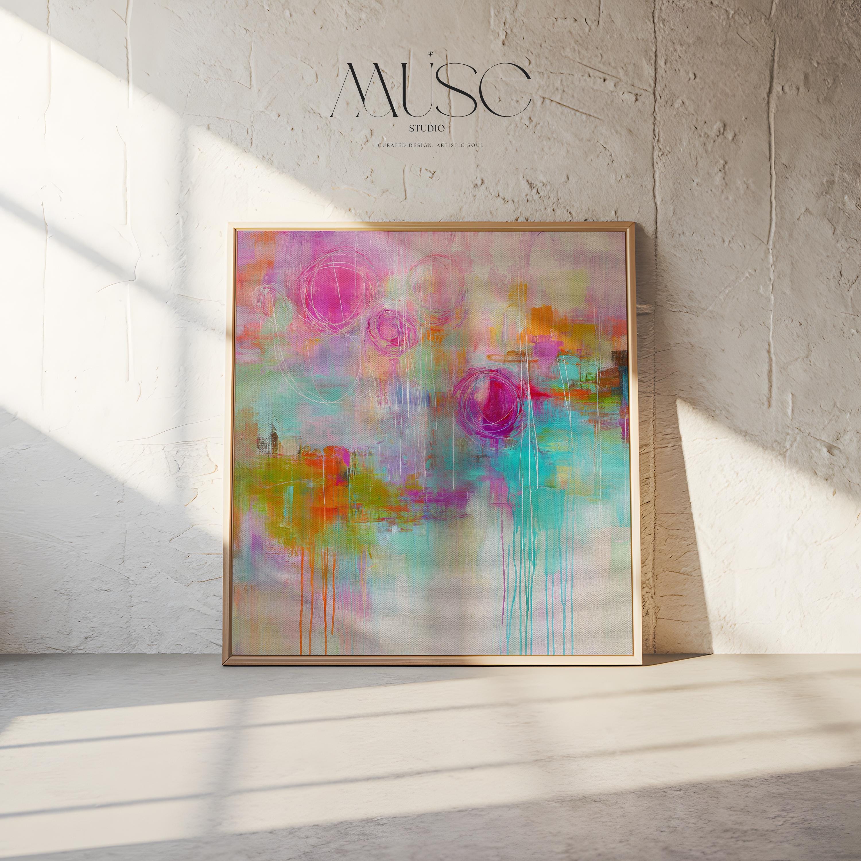 Colorful Abstract Canvas Wall Art Bright Pink Turquoise Orange Square Painting Pop Boho Decor for Living Room or Office 483