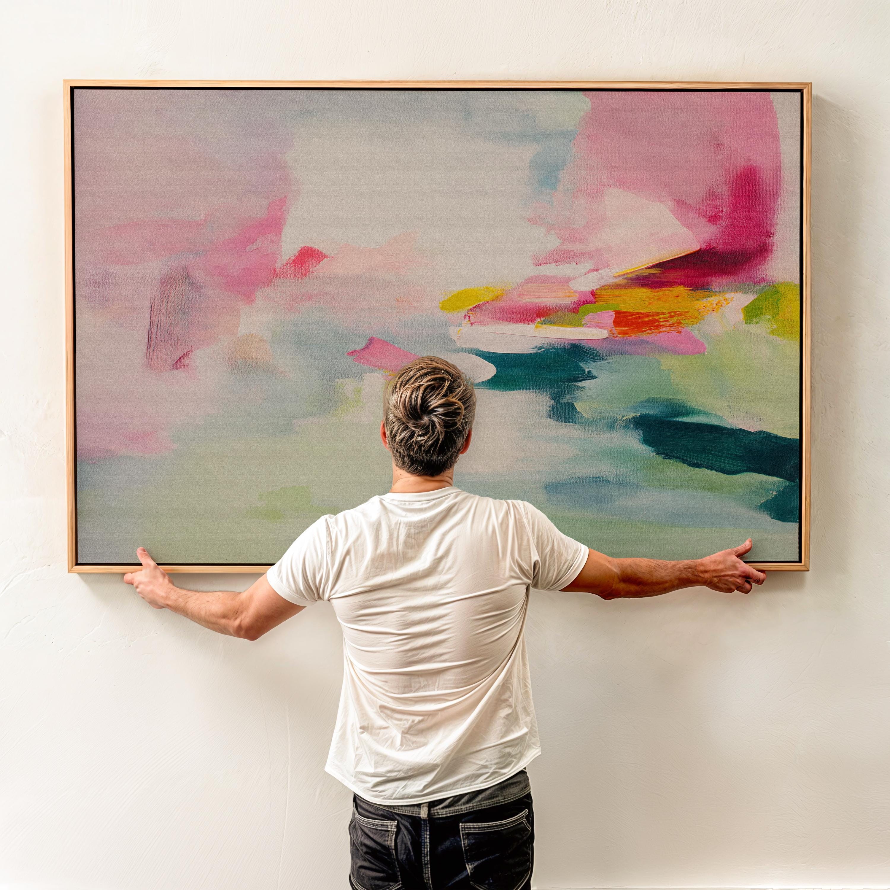 Soft Abstract Framed Canvas Art Pink Teal Pastel Painting Modern Decor Wall Art for Bedroom or Living Room Large Statement Artwork 491