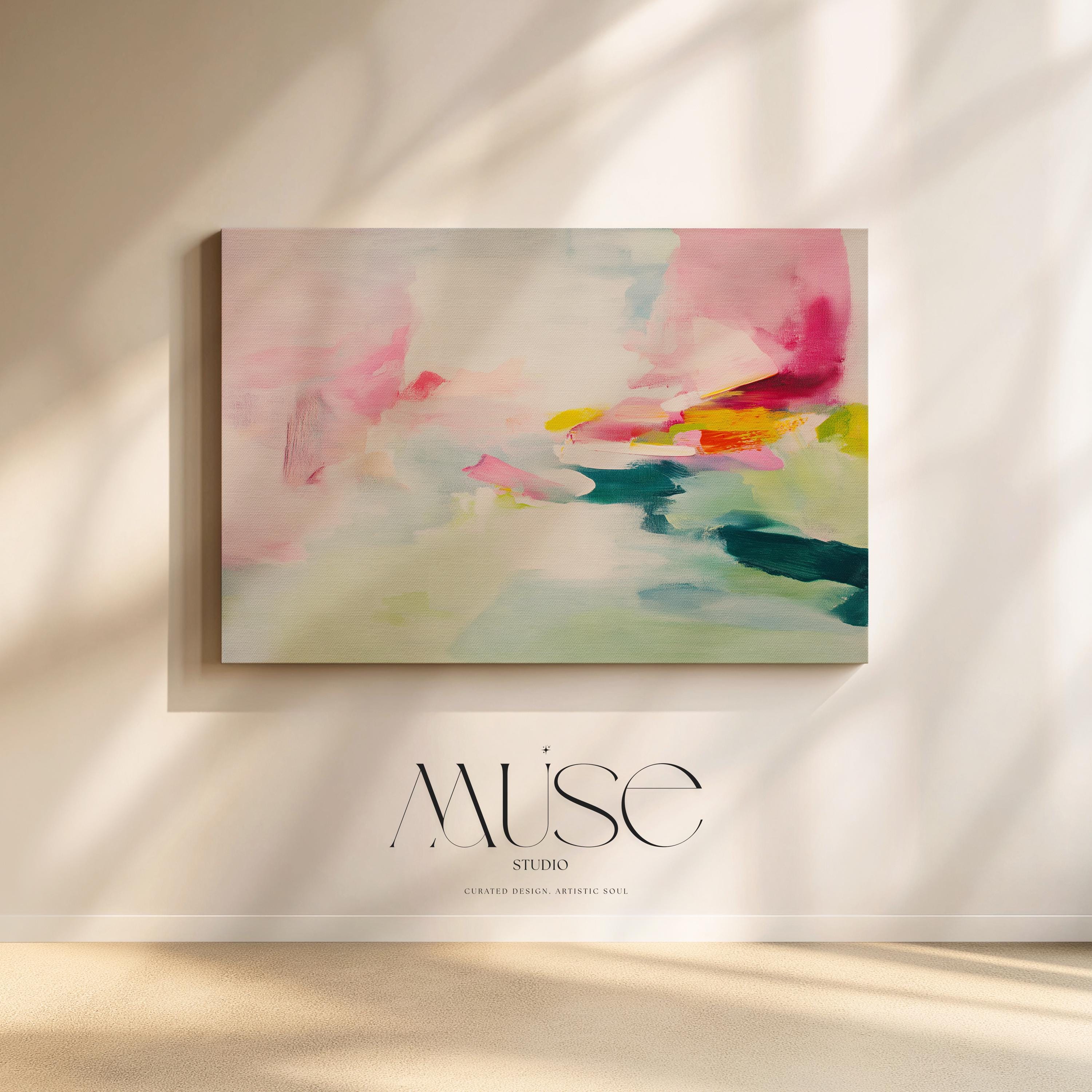 Large abstract canvas wall art with soft contemporary styling in blush pink, seafoam green, and vibrant accents of teal, yellow, and fuchsia. The airy brushwork evokes a dreamy horizon, perfect for serene yet colorful interiors. Shown unframed and mounted in a modern room with warm light and minimalist styling. Ideal for living rooms, bedrooms, or design-forward spaces. From Muse Studio – curated boutique decor art styled for life.