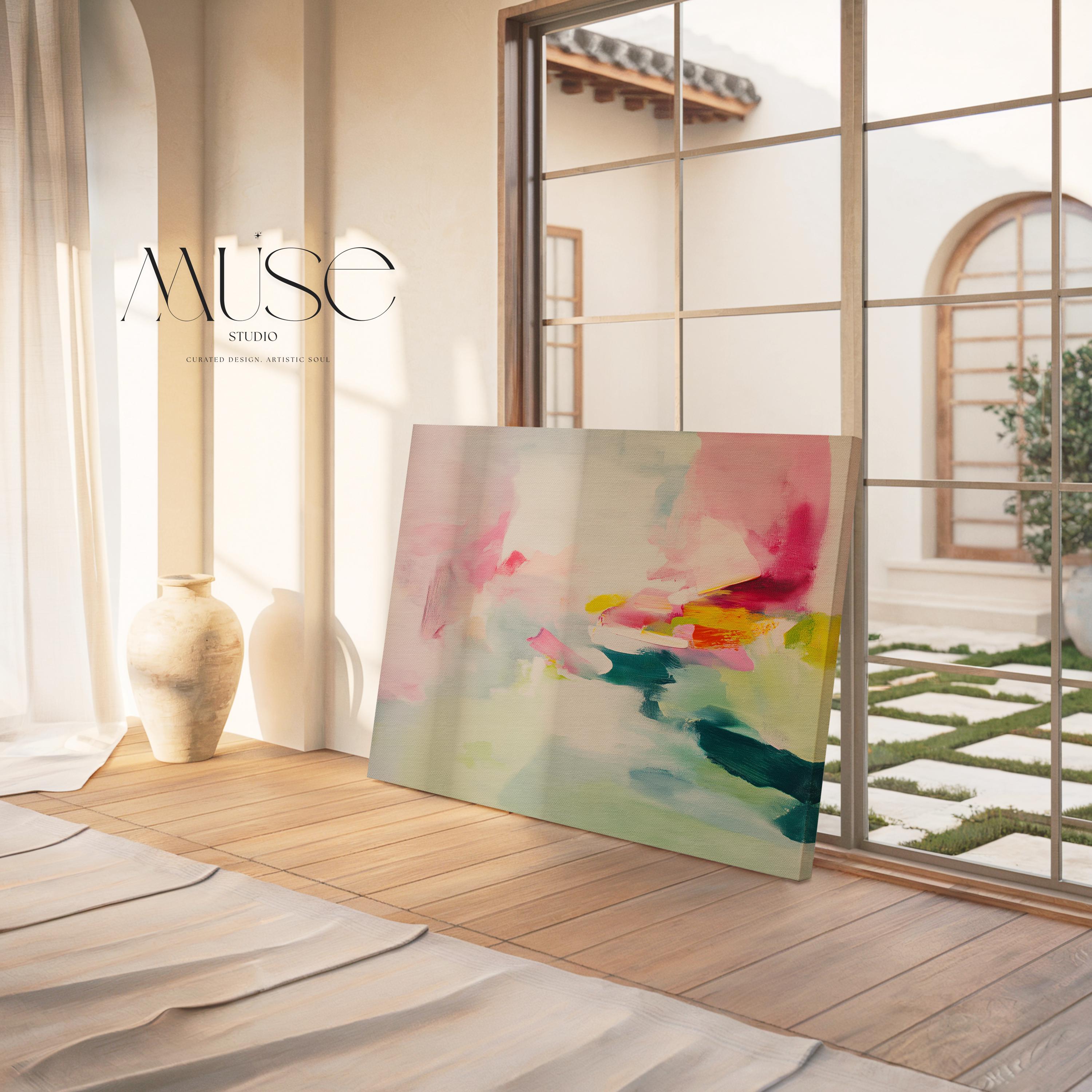Large abstract canvas wall art with soft contemporary styling in blush pink, seafoam green, and vibrant accents of teal, yellow, and fuchsia. The airy brushwork evokes a dreamy horizon, perfect for serene yet colorful interiors. Shown unframed and mounted in a modern room with warm light and minimalist styling. Ideal for living rooms, bedrooms, or design-forward spaces. From Muse Studio – curated boutique decor art styled for life.