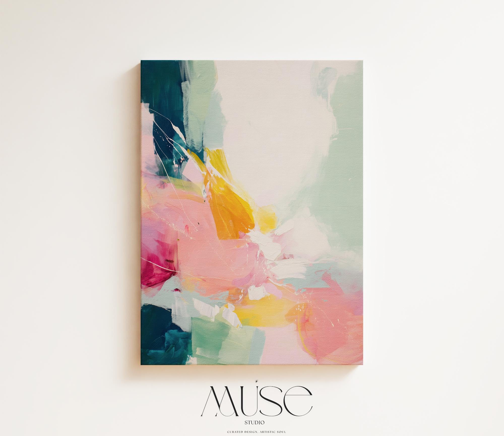 Vertical abstract wall art with soft contemporary styling, featuring bold strokes of pink, coral, teal, yellow, and soft mint green. The vibrant yet airy composition is printed on a high-quality canvas, displayed against a clean white wall in natural light. This color pop artwork from Muse Studio brings energetic movement and a modern touch to curated interiors, perfect for bedrooms, entryways, or stylish living spaces.