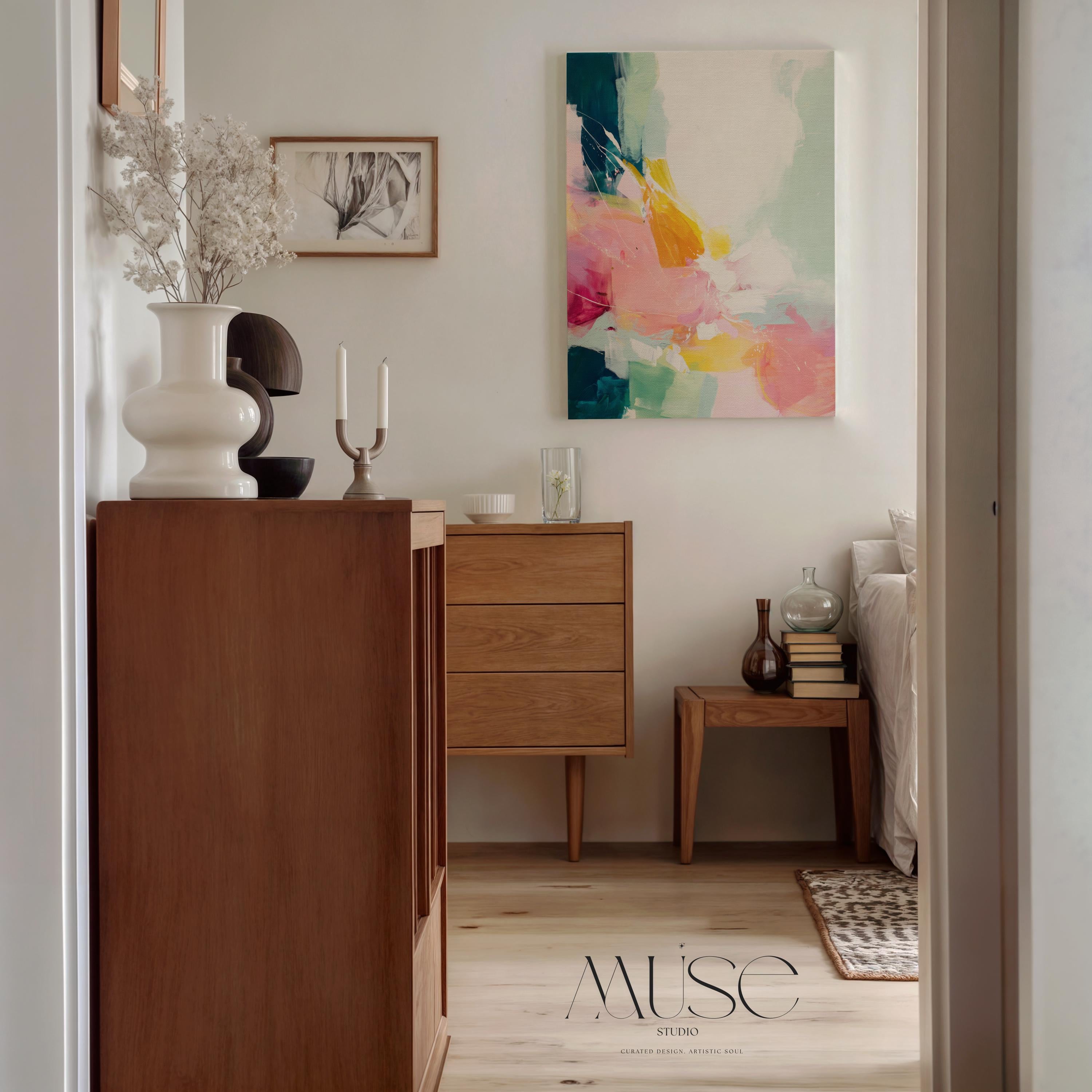 Vertical abstract wall art with soft contemporary styling, featuring bold strokes of pink, coral, teal, yellow, and soft mint green. The vibrant yet airy composition is printed on a high-quality canvas, displayed against a clean white wall in natural light. This color pop artwork from Muse Studio brings energetic movement and a modern touch to curated interiors, perfect for bedrooms, entryways, or stylish living spaces.