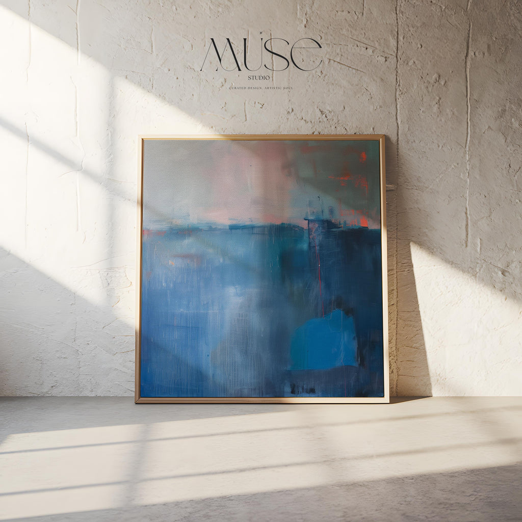 Framed Canvas Wall Art Blue Abstract Painting with Warm Neutrals Modern Transitional Decor Soft Contemporary Style for Living Room 403
