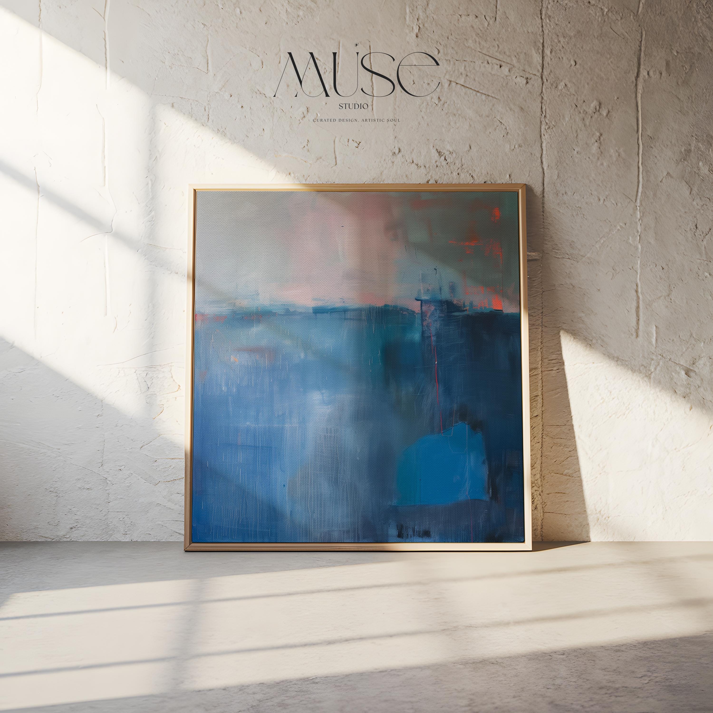 Framed Canvas Wall Art Blue Abstract Painting with Warm Neutrals Modern Transitional Decor Soft Contemporary Style for Living Room 403