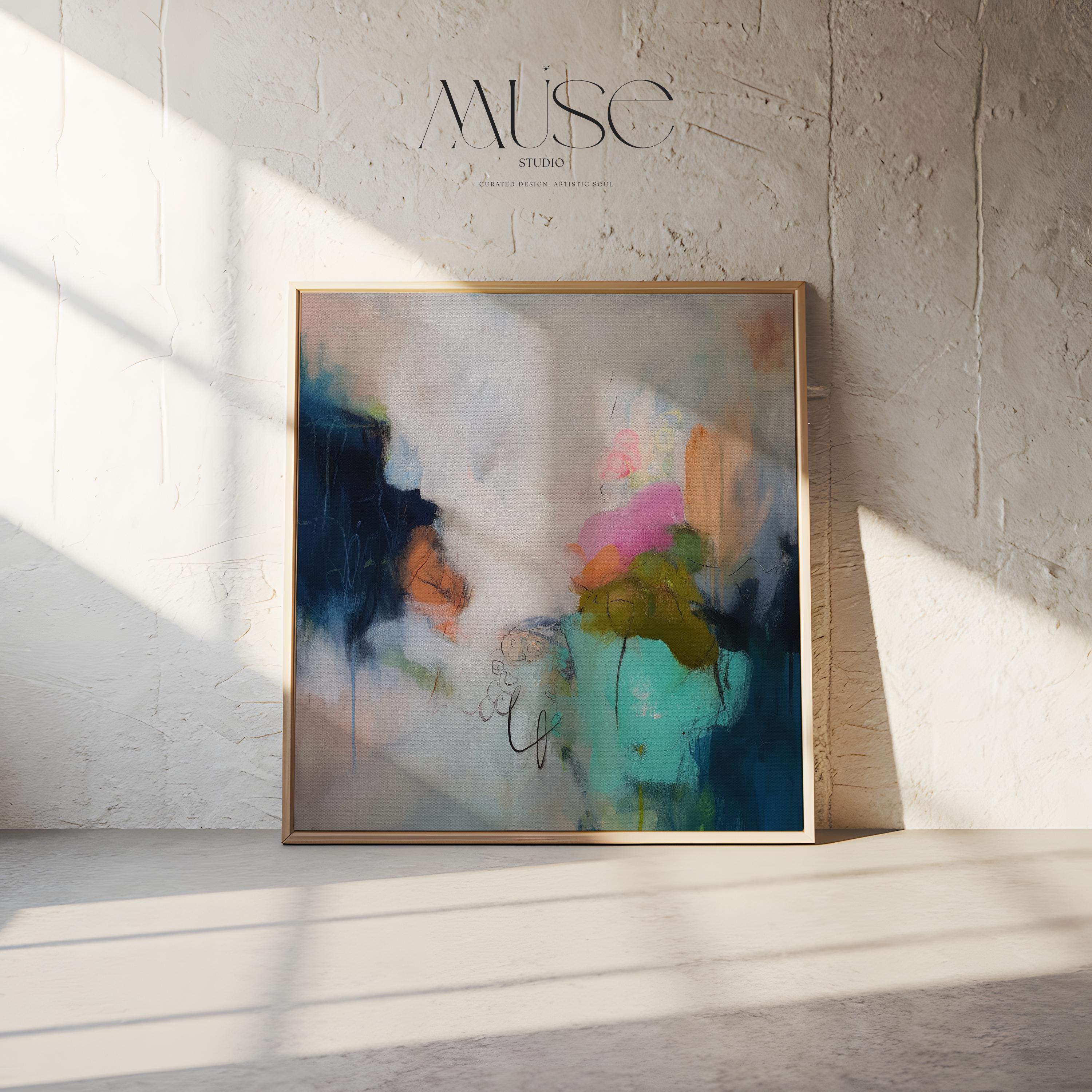Soft Abstract Wall Art in Blush Pink Green and Navy Modern Square Canvas Painting for Living Room Bedroom or Office Decor | Muse 451 Framed Canvas Art Colorful abstract wall art on framed canvas, perfect for bold decor art and modern wall decor. Large statement piece with expressive brushstrokes and rich textures. Ready-to-hang giclée canvas designed to energize living rooms, offices, and curated interiors. Muse Studio Decor Art.