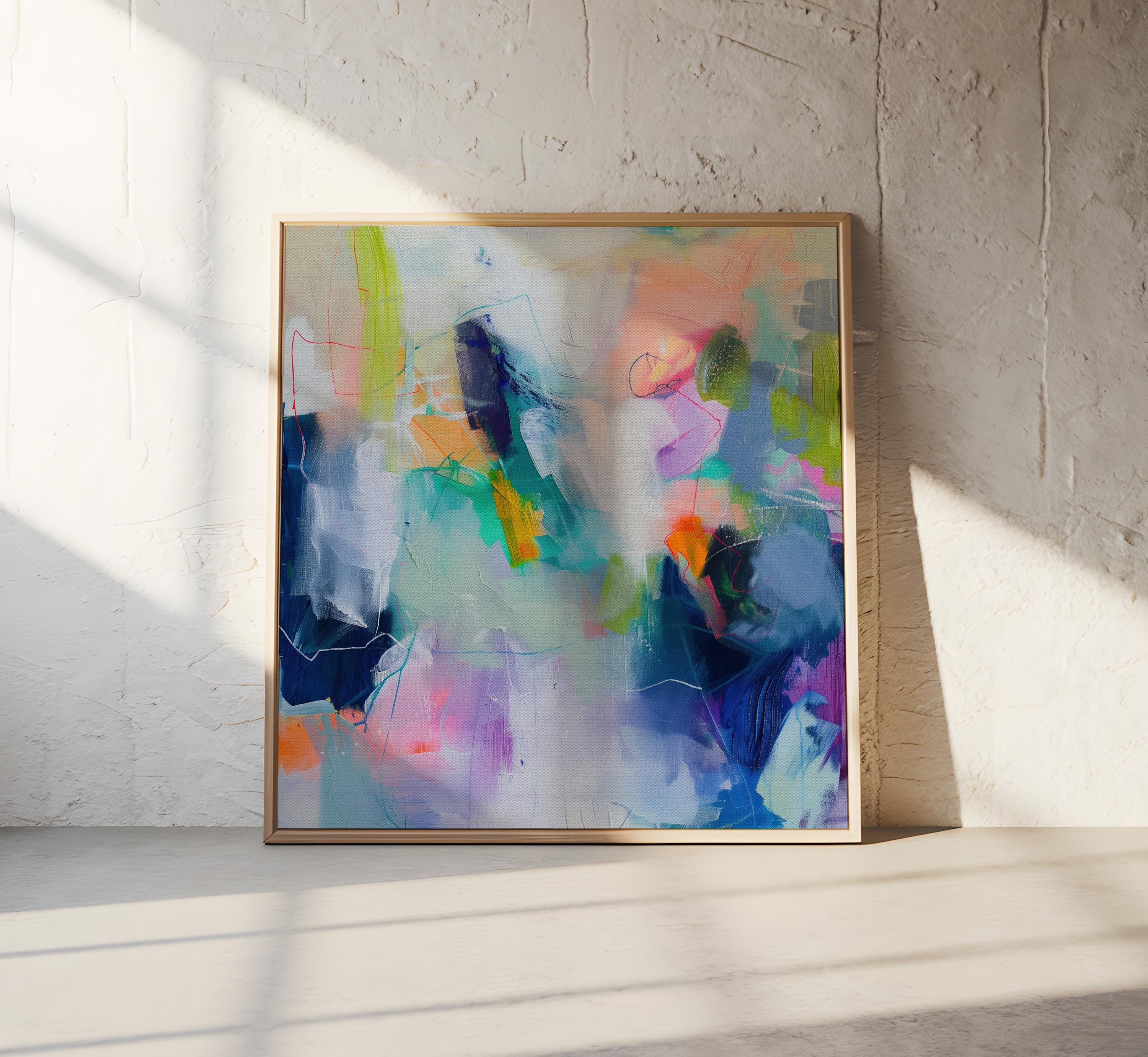 Colorful abstract art print on framed canvas, perfect for vibrant wall decor, modern home design, office decor, and staging projects. Large statement art featuring bold brushstrokes and colorful texture. Ready-to-hang giclée canvas adds energy to any living space. Soft Abstract Wall Art Modern Colorful Painting in Blue Lavender and Green Large Canvas Art for Bedroom Living Room or Office Decor 249