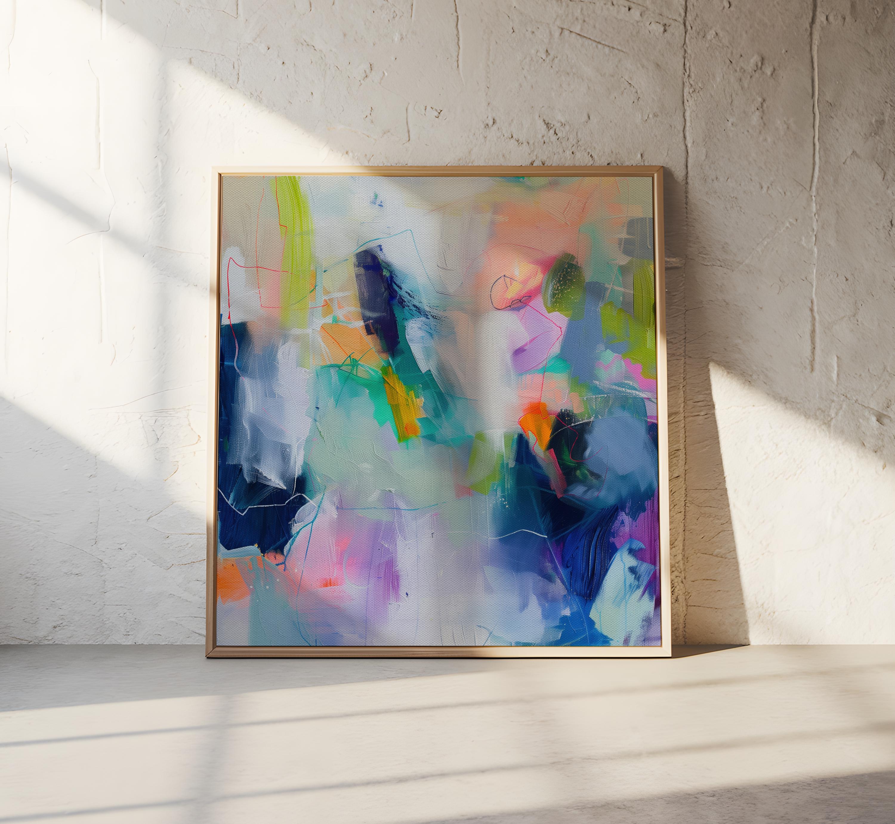 Colorful abstract art print on framed canvas, perfect for vibrant wall decor, modern home design, office decor, and staging projects. Large statement art featuring bold brushstrokes and colorful texture. Ready-to-hang giclée canvas adds energy to any living space. Soft Abstract Wall Art Modern Colorful Painting in Blue Lavender and Green Large Canvas Art for Bedroom Living Room or Office Decor 249