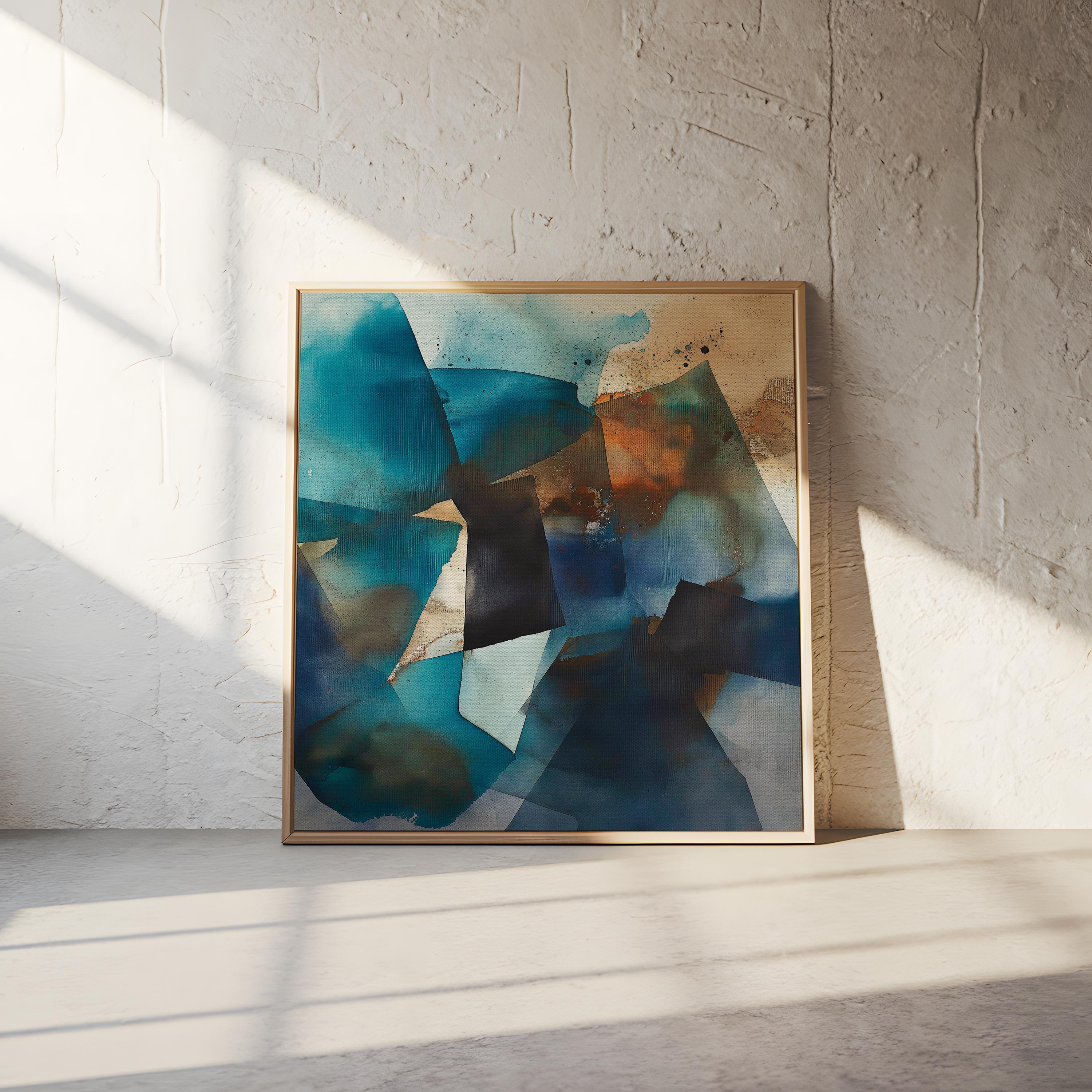 Square abstract wall art featuring deep teal, black, and rust tones leaning against a textured sunlit wall. Earthy modern framed canvas artwork with bold geometric movement, ideal for living room or designer interiors. Available as framed wall art or giclée canvas by Muse Studio.
