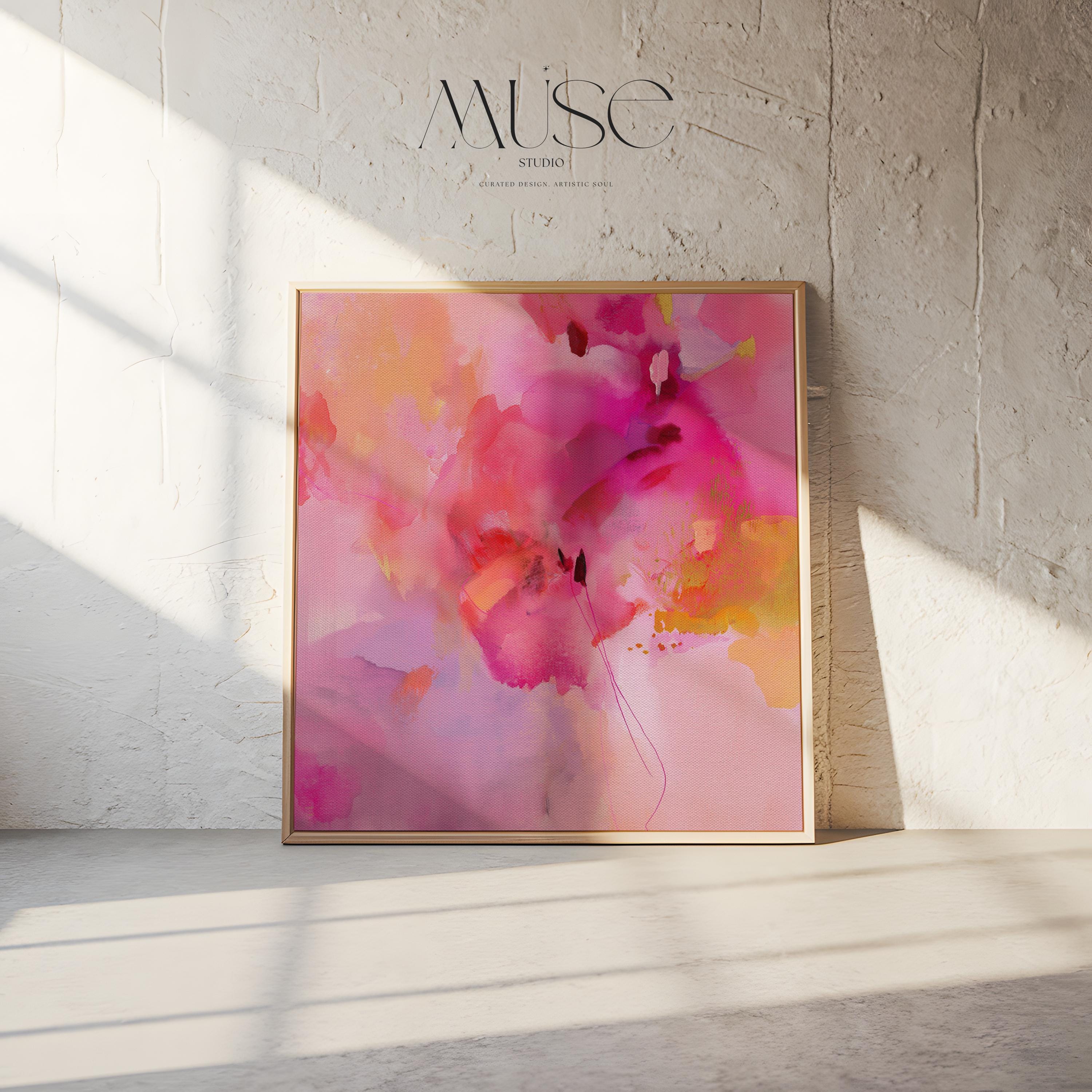 Bold Pink Abstract Canvas Wall Art in Fuchsia and Gold Square Modern Painting Warm Pastel Decor for Bedroom or Living Room Muse 475