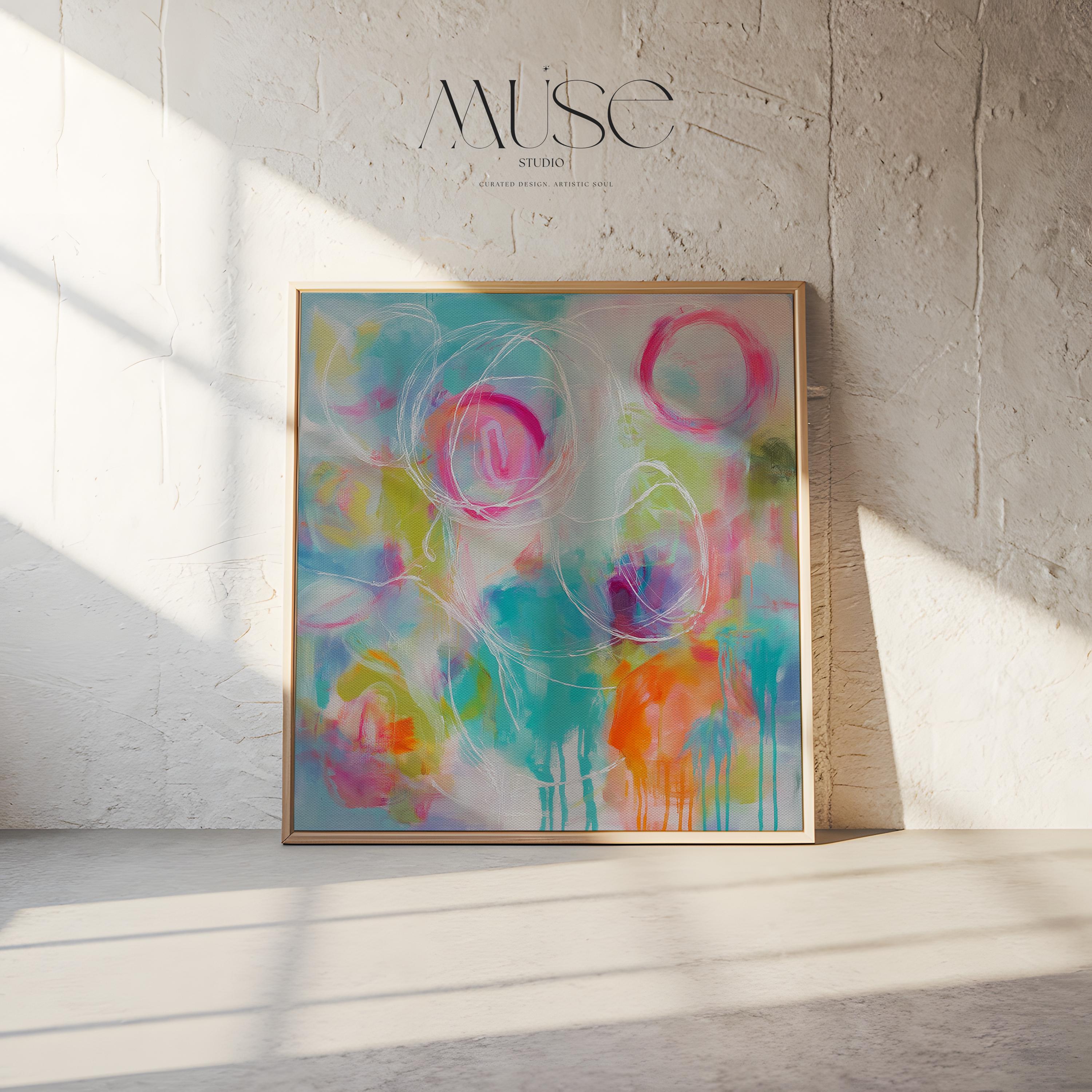 Colorful Abstract Canvas Wall Art Pink Teal and Orange Circles Bold Preppy Art for Bedroom or Office Square Decor Piece 486