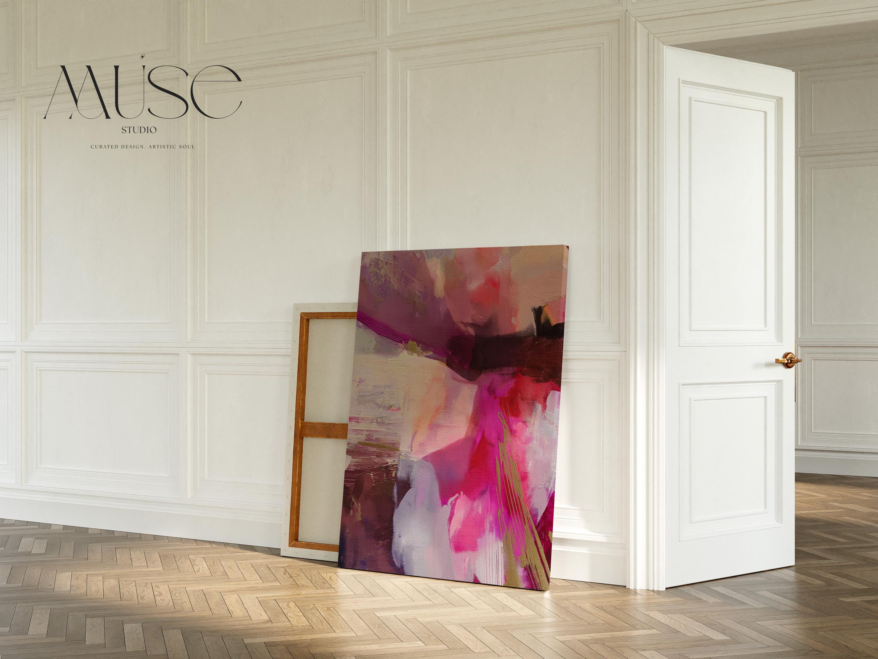 Vertical abstract canvas wall art featuring expressive layers of pink, fuchsia, blush, and deep plum with golden yellow accents. Aurora 486 by Muse Studio adds bold energy and color pop to modern interiors. Displayed in upscale room settings, it’s ideal for living rooms, bedrooms, or entryways as a statement art piece. Offered as large-scale canvas or framed artwork, this colorful design is perfect for curated home decor and contemporary art lovers.