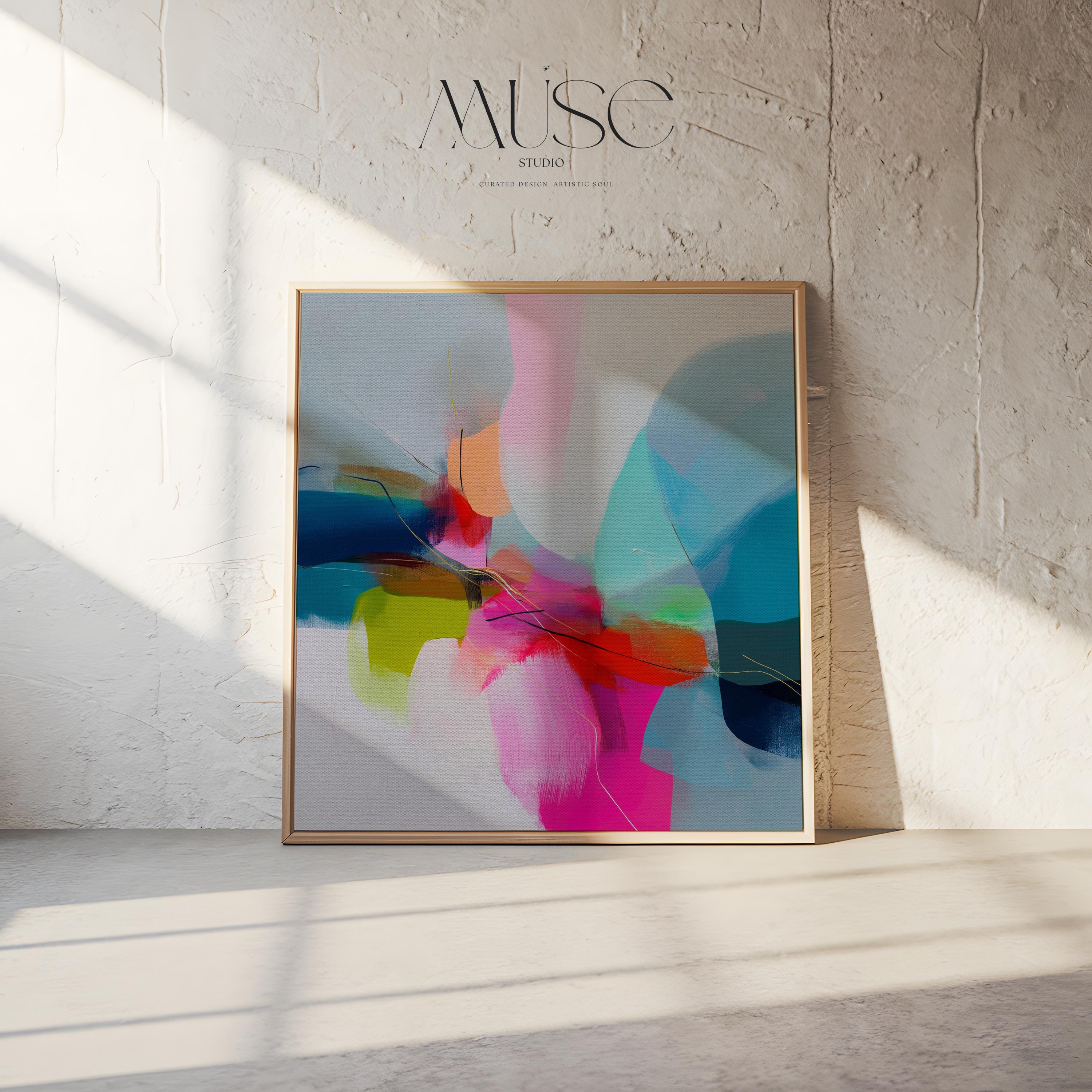 Retro Abstract Wall Art Teal Pink Orange Framed Canvas Color Pop Glam Decor Bold Modern Painting Living Room Statement Art 481