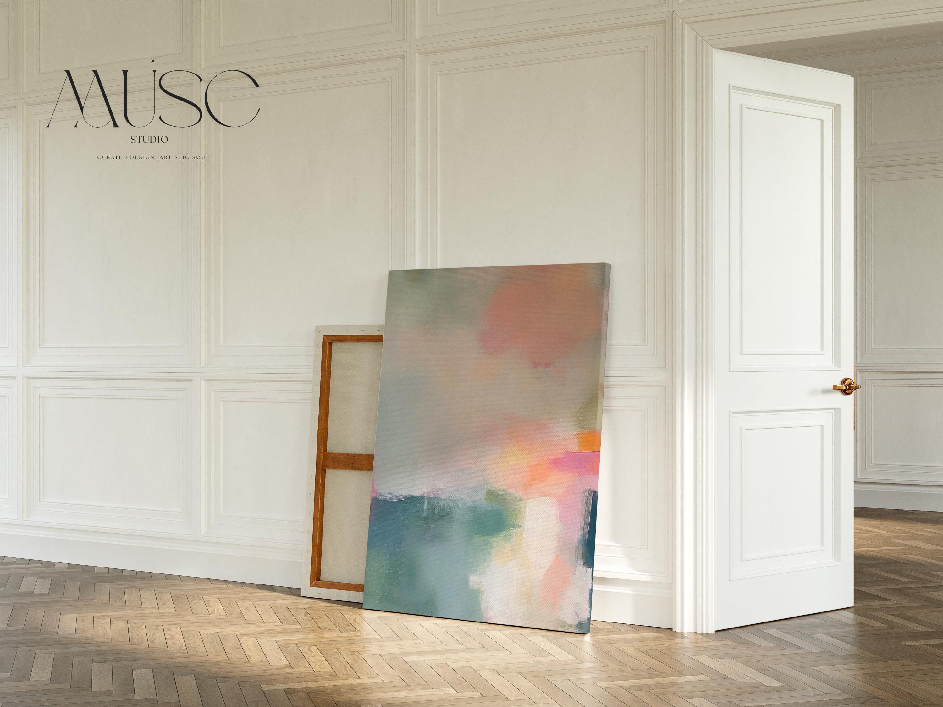 Soft Abstract Canvas Wall Art Blush Pink Teal Vertical Painting Warm Minimalist Decor Boho Modern Art for Bedroom or Office 469 Stretched Canvas Art Large abstract wall decor on stretched canvas, gallery-wrapped and ready to hang. Perfect for colorful wall art in living rooms, office spaces, and design projects. Giclée canvas print with bold brushwork and vibrant modern style for impactful home decor. Muse Studio Decor Art.