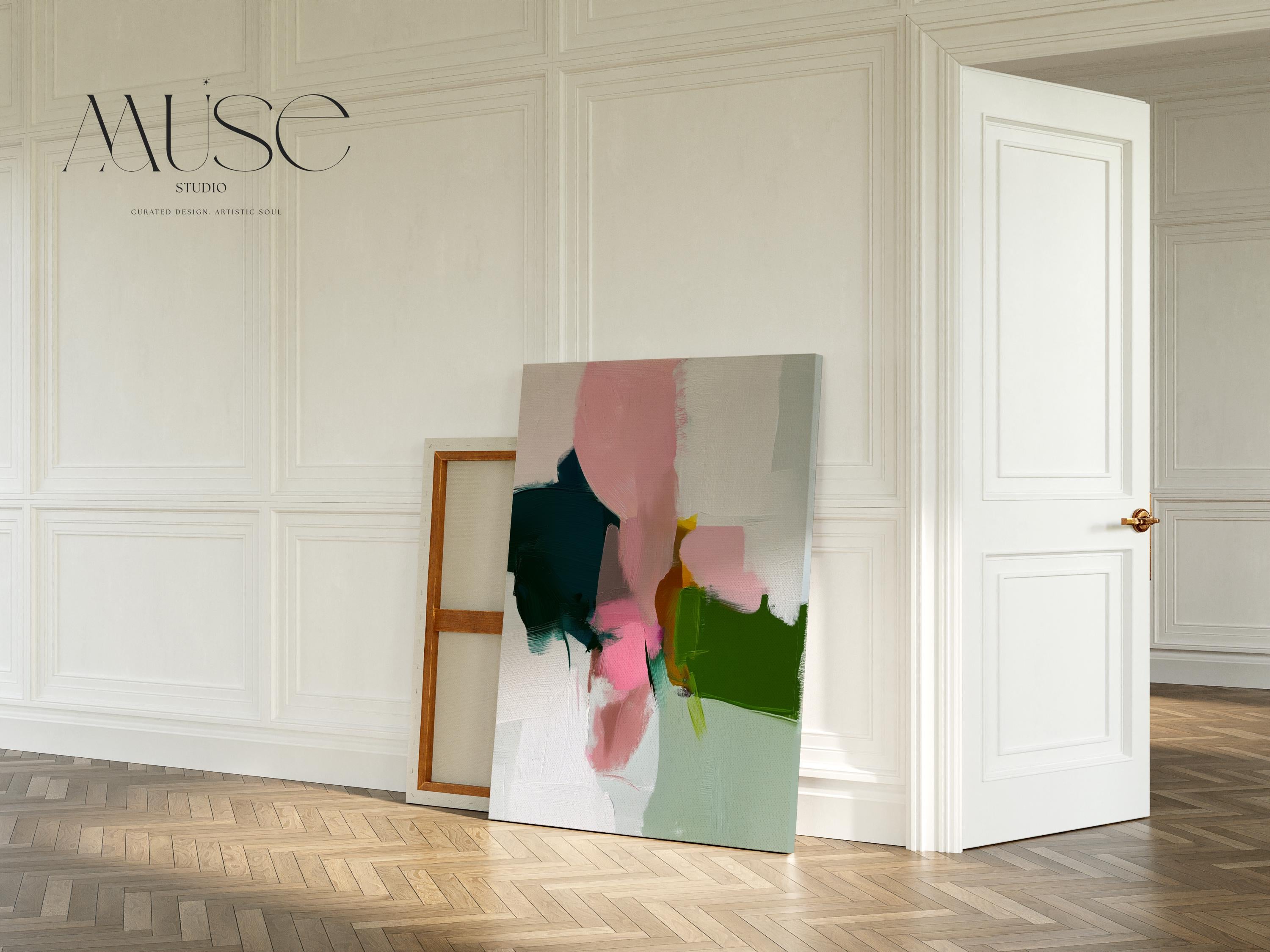 Vertical Canvas Wall Art Modern Abstract Giclée Print in Deep Green and Rose Pink Warm Minimalist Home Decor for bedroom office entry | 432