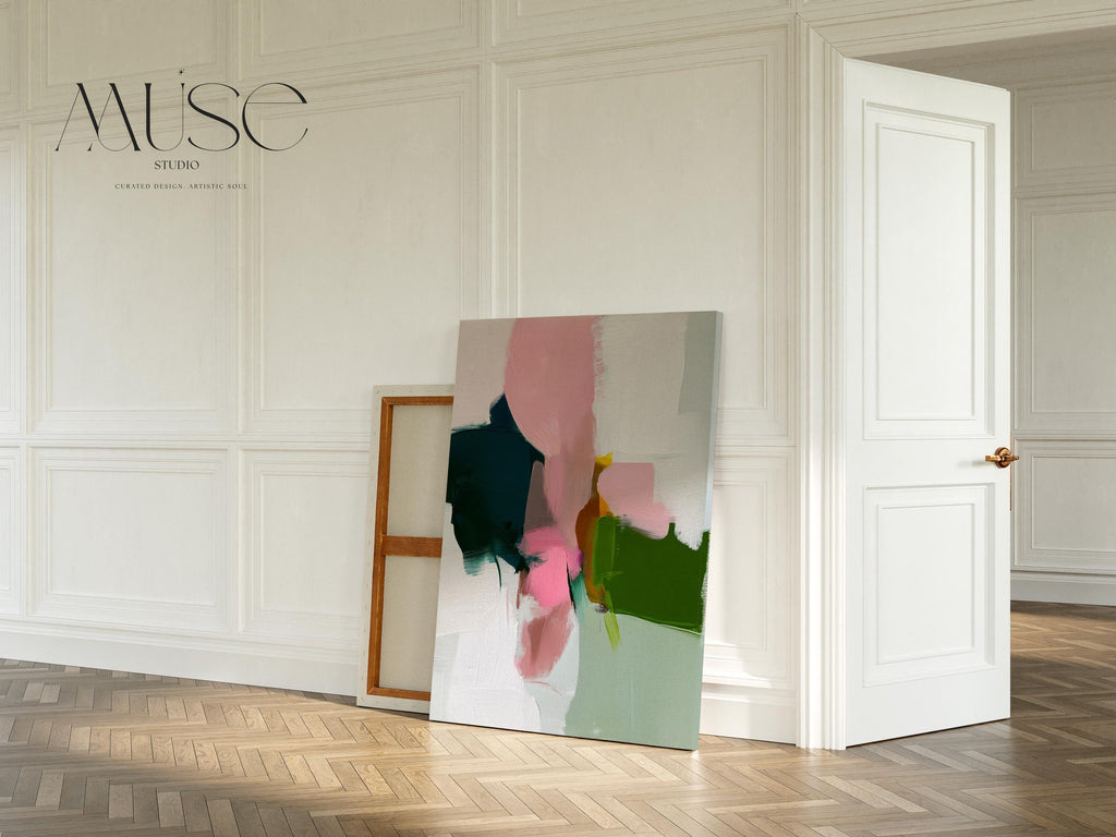 Vertical Canvas Wall Art Deep Green Rose Pink for Bedroom Office Entry Decor · Warm Minimalist Abstract 432 by Muse Studio & Co.