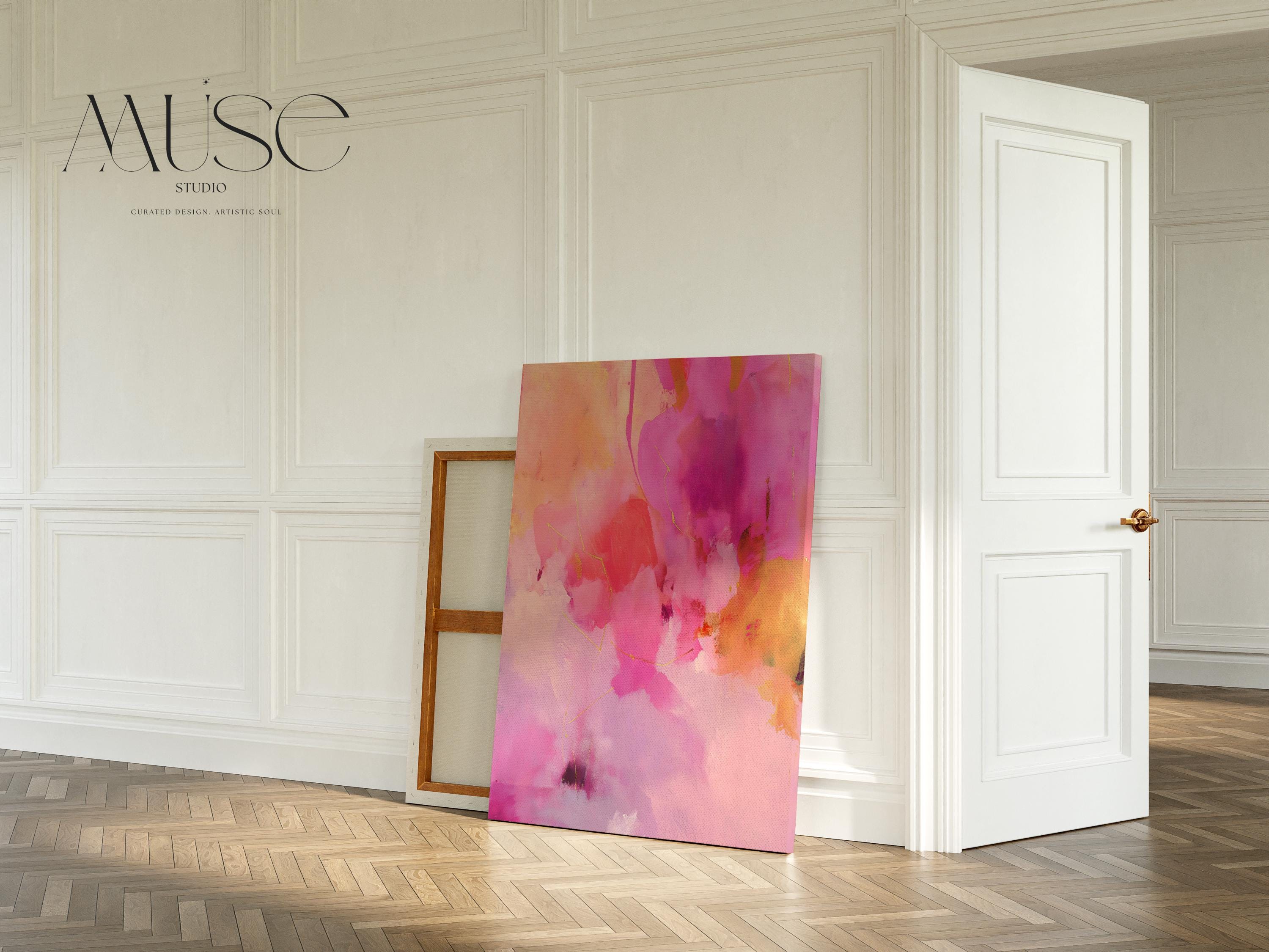 Large Pink Canvas Wall Art Vertical Abstract Painting in Blush and Gold Modern Soft Color Pop Decor for Bedroom or Above Bed Decor 476