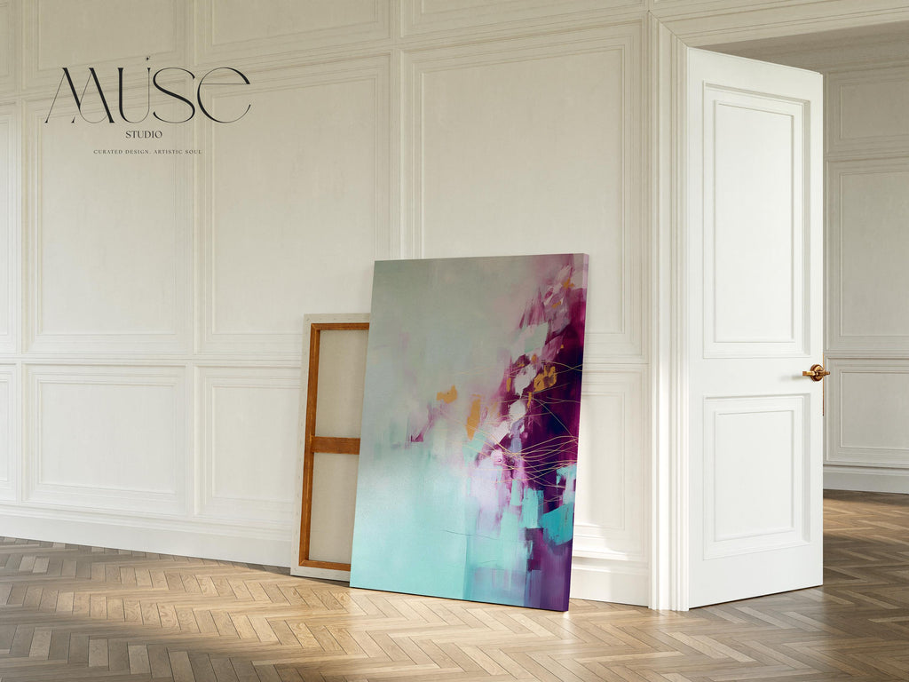 Calm Botanical Abstract Wall Art in Plum and Aqua Vertical Canvas Whimsical Pastel Spring Decor for Bedroom Above Bed or Office 480
