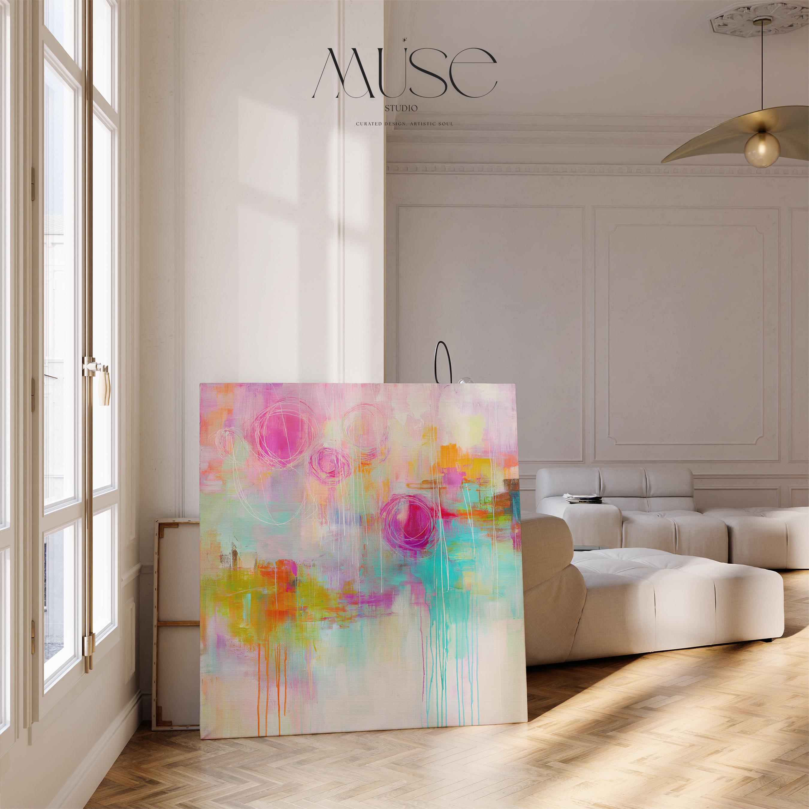 Alt text
Muse Studio colorful abstract canvas wall art in pink, aqua, tangerine, and gold, printed with museum-grade giclée inks on premium artist-grade canvas with a matte finish, available as stretched or rolled canvas, styled in a modern boho living room.