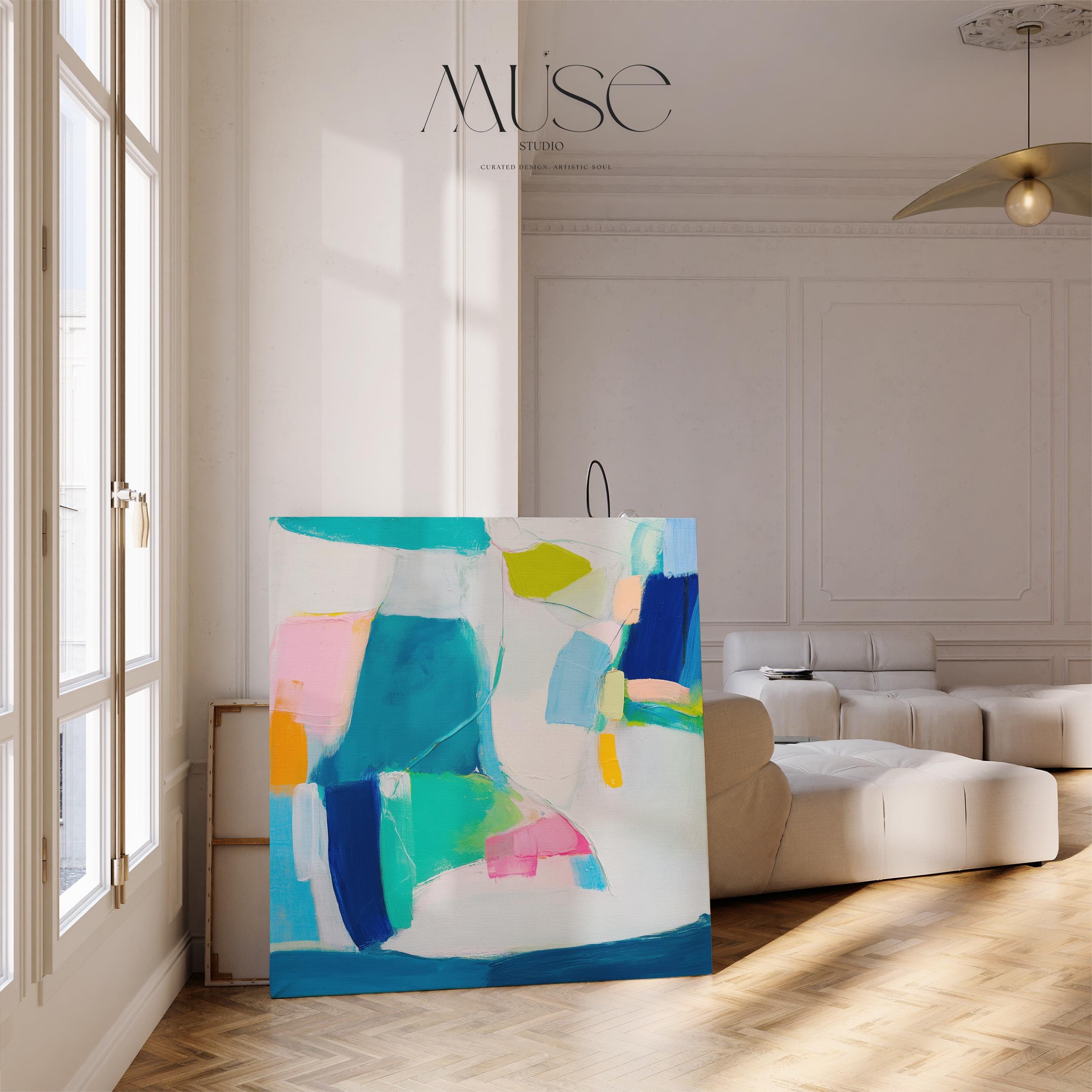 Abstract Color Block Canvas Art in Aqua Pink and Blue – Large Square Modern Wall Art for Living Room or Above Bed – Bold Decor | 478