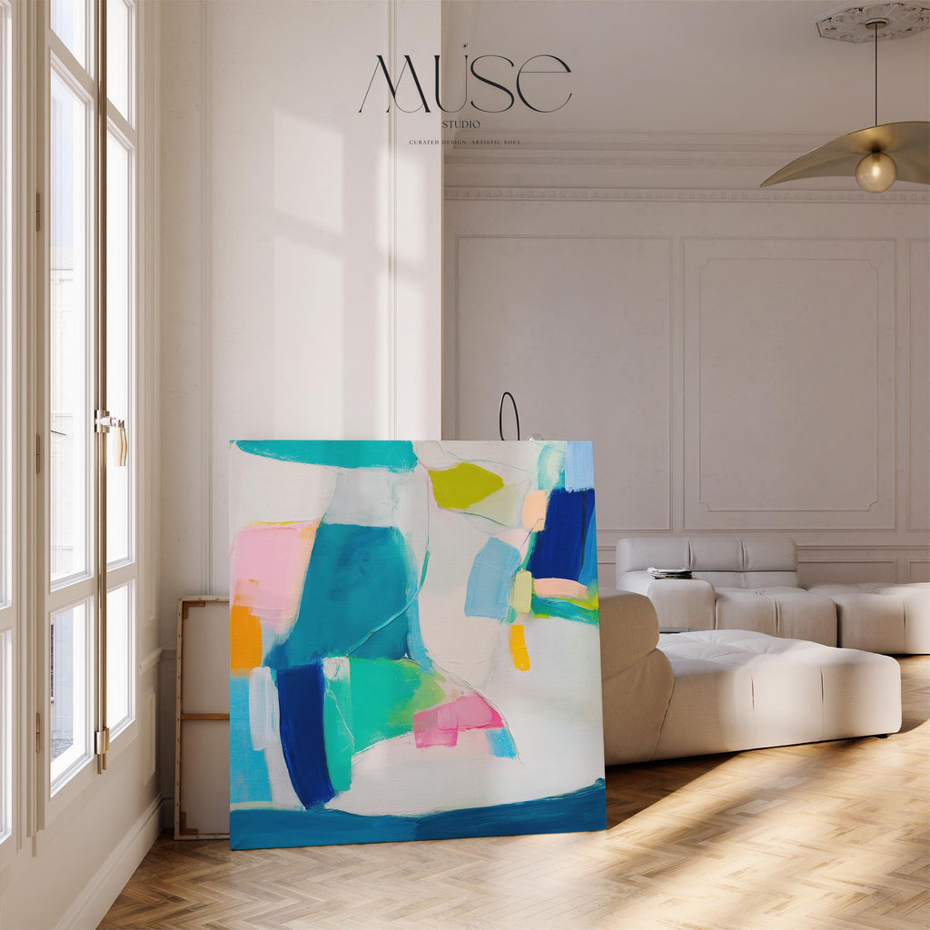 Abstract Color Block Canvas Art in Aqua Pink and Blue – Large Square Modern Wall Art for Living Room or Above Bed – Bold Decor | 478 Stretched Canvas Art Large abstract wall decor on stretched canvas, gallery-wrapped and ready to hang. Perfect for colorful wall art in living rooms, office spaces, and design projects. Giclée canvas print with bold brushwork and vibrant modern style for impactful home decor. Muse Studio Decor Art.