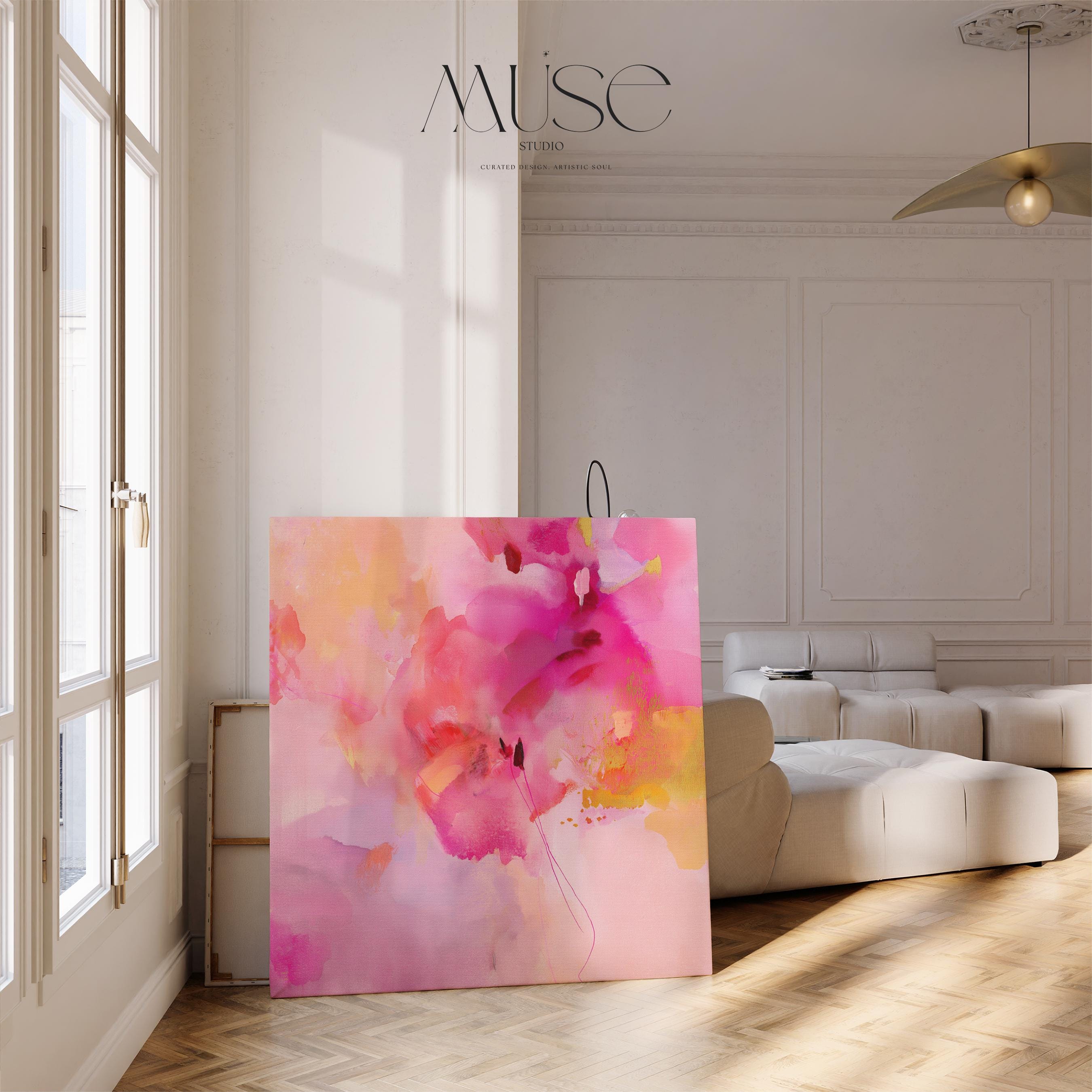 Abstract Wall Art Warm Botanical Canvas in Pink and Gold Soft Floral Painting Square Decor for Bedroom Living Room or Entry Muse 475