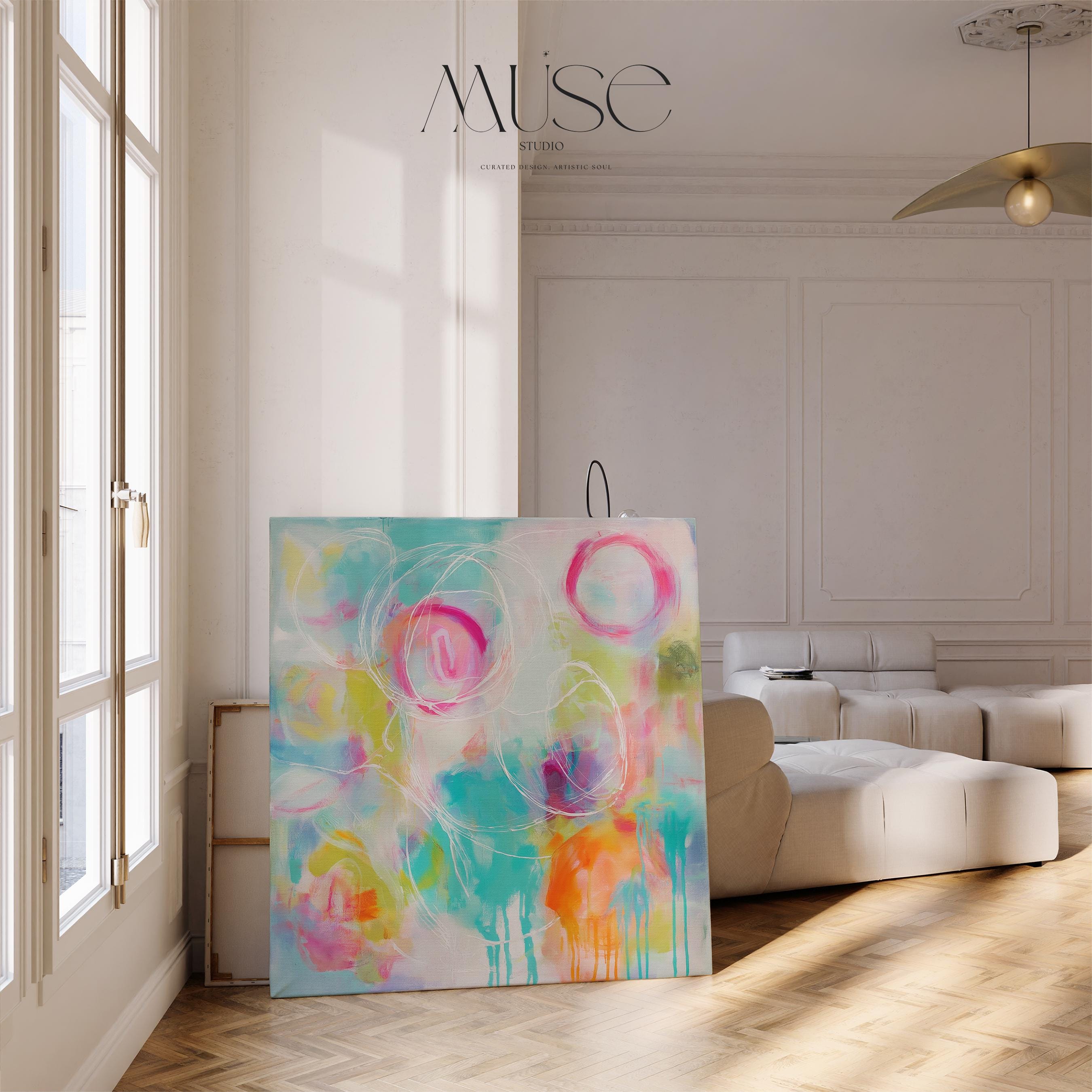 Colorful abstract canvas artwork with expressive pink, teal, and citrus brushstrokes, accented by white hand-drawn circular lines. The composition features bold drip techniques and a painterly blend of soft and vivid hues, creating a vibrant, uplifting mood ideal for designer living rooms, entryways, or creative spaces. Styled for high-end modern decor with a playful twist.