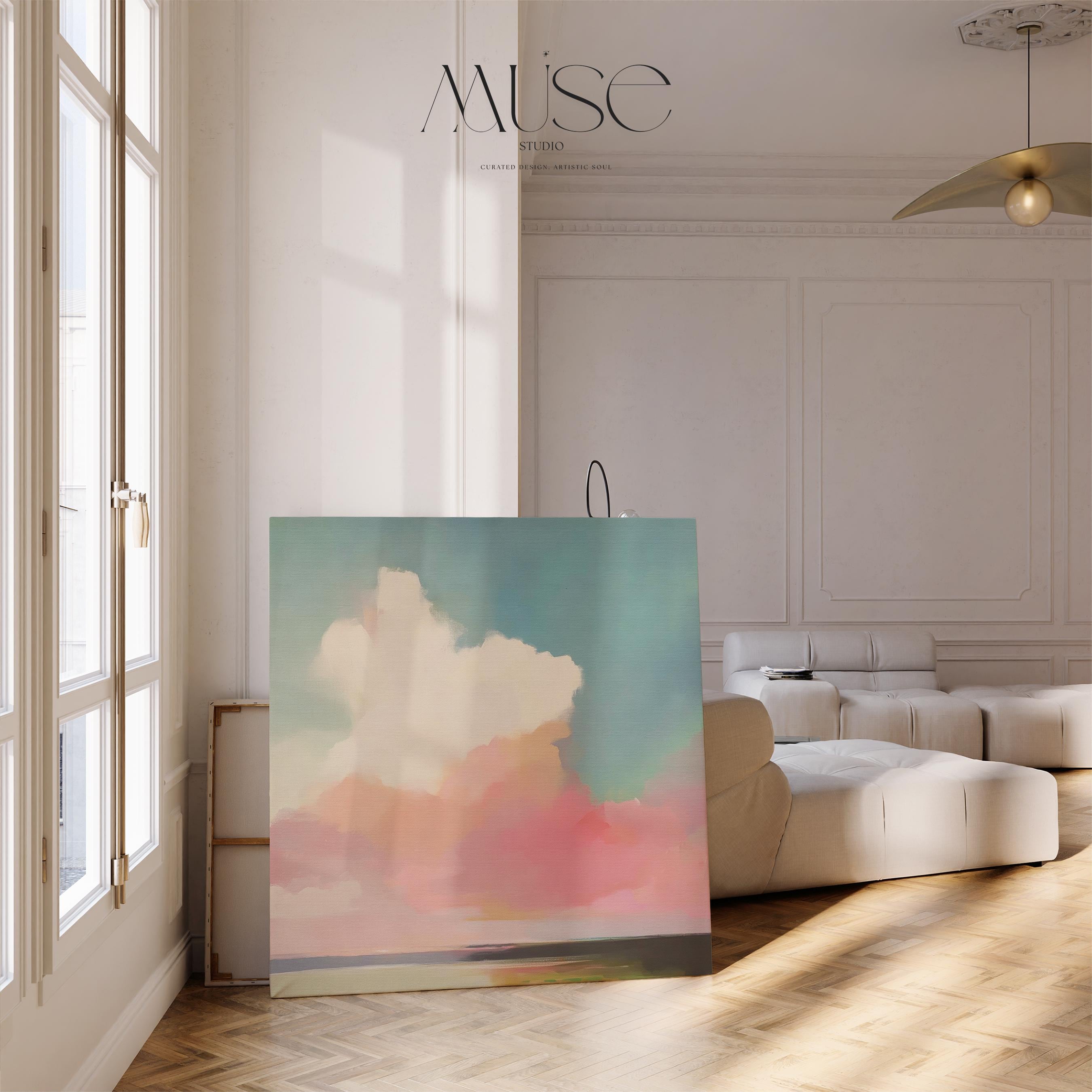 Large Canvas Wall Art Pastel Sky Abstract Cloud Painting Soft Pink Blue Landscape for Bedroom Spa or Coastal Room Decor 467