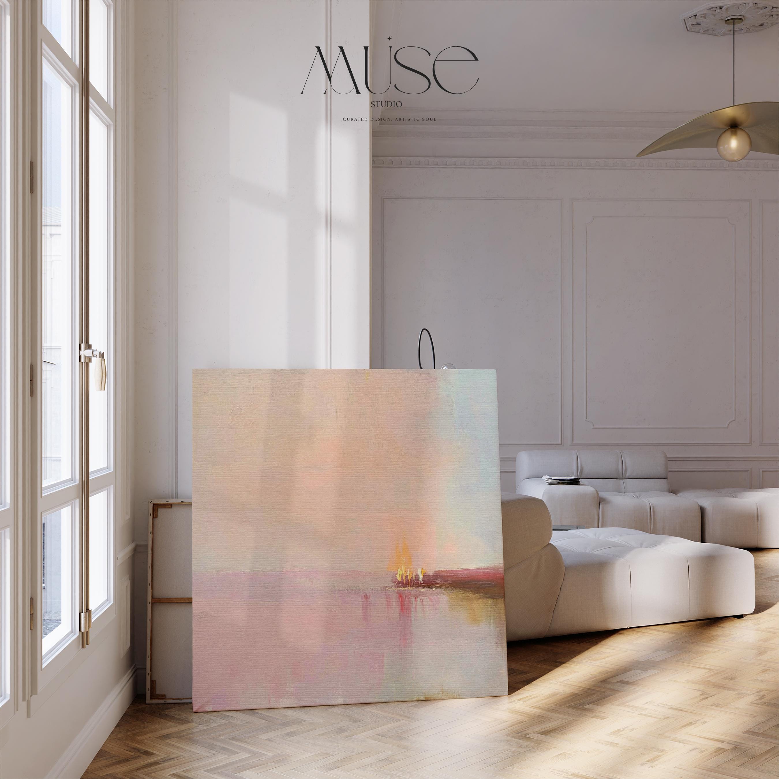 Large Canvas Wall Art Soft Pastel Horizon Abstract Painting Blush Pink Glow Warm Minimalist Decor for Bedroom Dining Room 461 Stretched Canvas Art Large abstract wall decor on stretched canvas, gallery-wrapped and ready to hang. Perfect for colorful wall art in living rooms, office spaces, and design projects. Giclée canvas print with bold brushwork and vibrant modern style for impactful home decor. Muse Studio Decor Art.