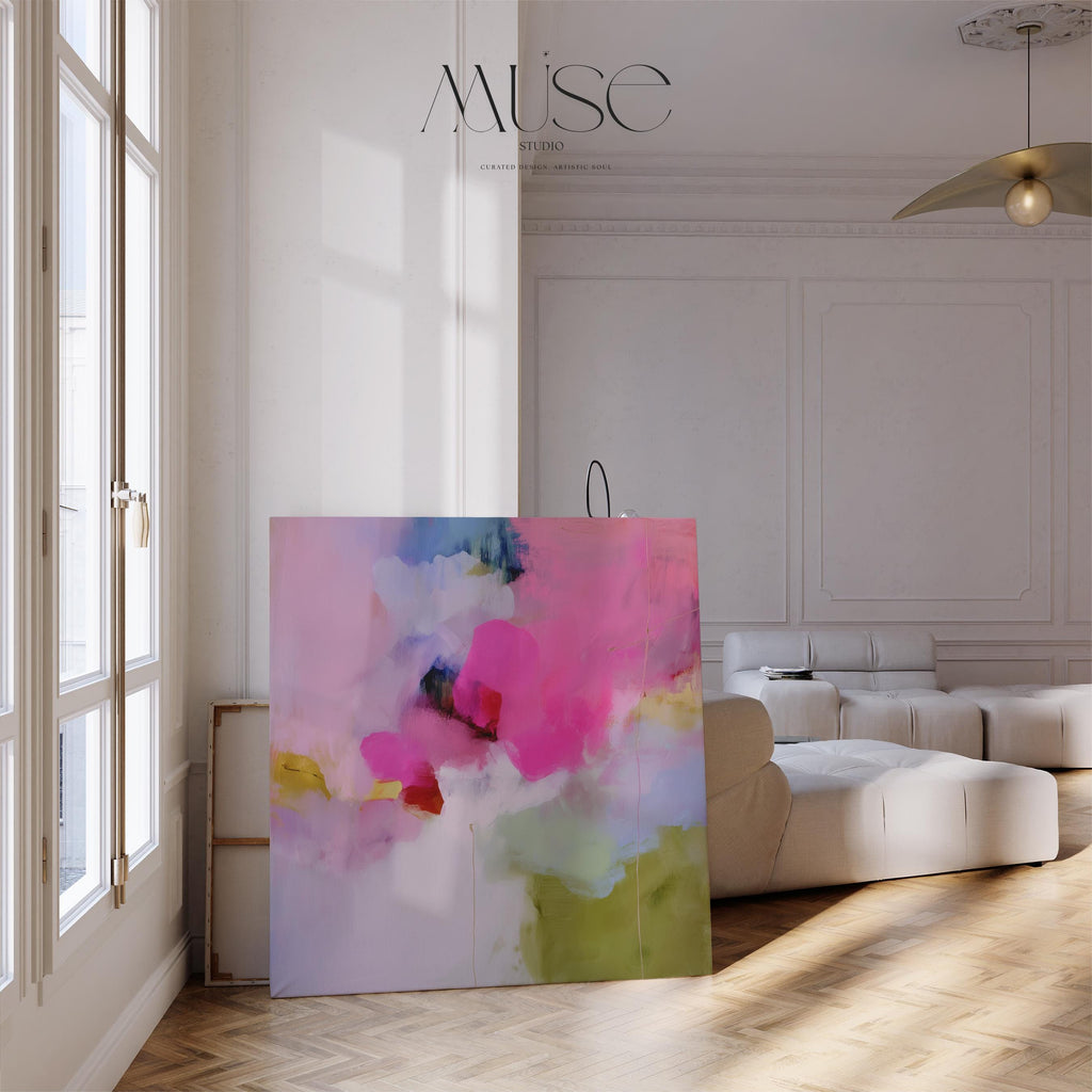 Abstract Floral Wall Art Pink Fuchsia Green Canvas Painting Soft Botanical Decor Art for Living Room Bedroom Modern Style | Muse 426 Stretched Canvas Art Large abstract wall decor on stretched canvas, gallery-wrapped and ready to hang. Perfect for colorful wall art in living rooms, office spaces, and design projects. Giclée canvas print with bold brushwork and vibrant modern style for impactful home decor. Muse Studio Decor Art.