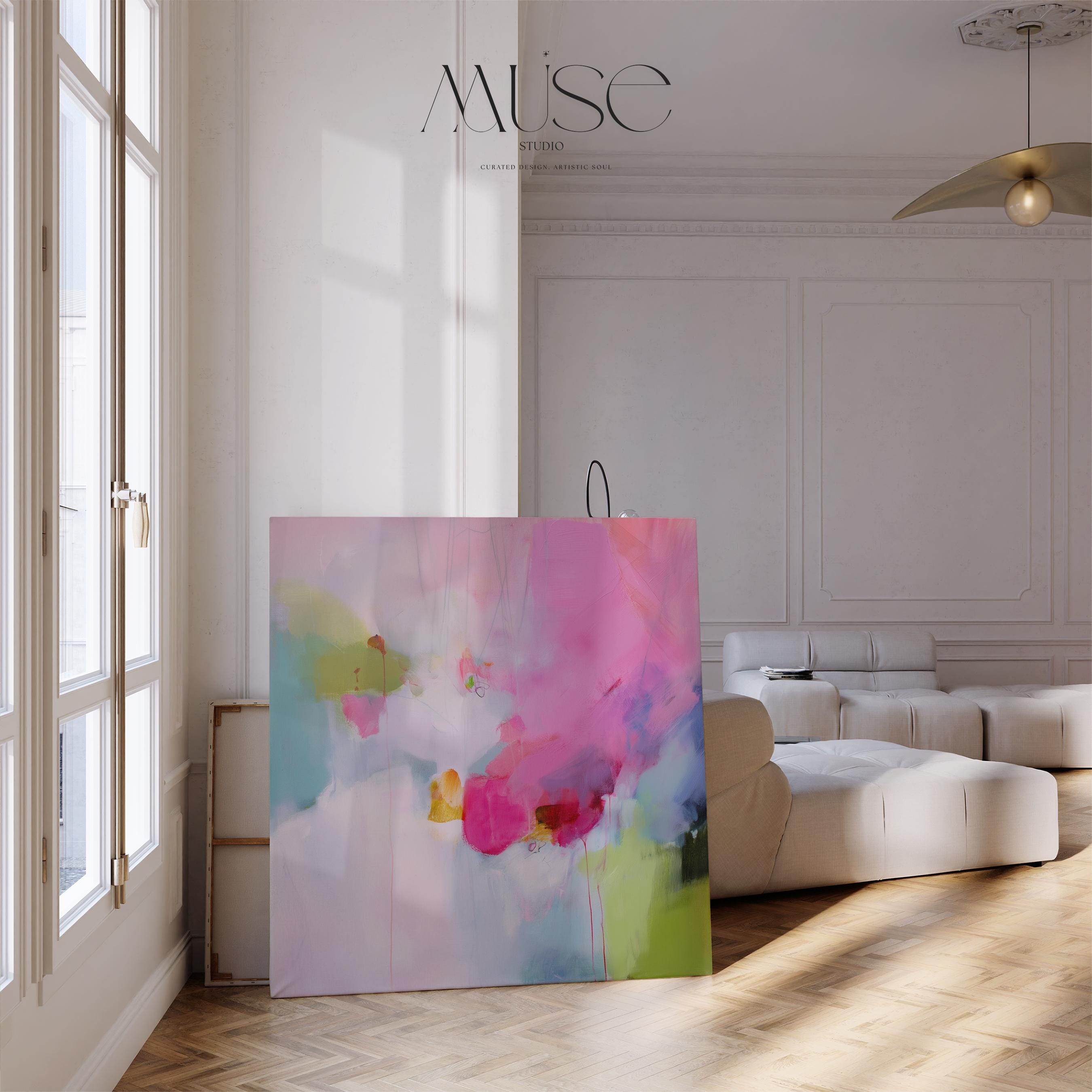 Square abstract canvas wall art featuring bold fuchsia pink, lime green, soft lavender, and blush pastel tones in an expressive painterly style. This oversized color pop design brings vibrant contrast to boho interiors, creative living rooms, and joyful curated spaces. Available as gallery-wrapped canvas or framed canvas wall art in multiple sizes.